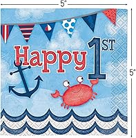 Vista 2 de Nautical Boys - Servilletas de primer cumpleaños, 16ct, Servilleta para bebidas , Multicolor