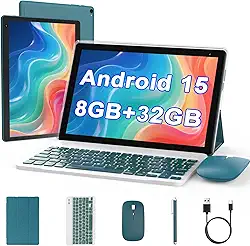 Tablet Android 15 de 10 polegadas, tablet 2 em 1 com teclado. 8 GB de RAM + 32 GB de ROM, suporte a tablets expansíveis de 1 TB, CPU Quad-Core, tela HD, BT, WiFi, tablets de longa duração da bateria