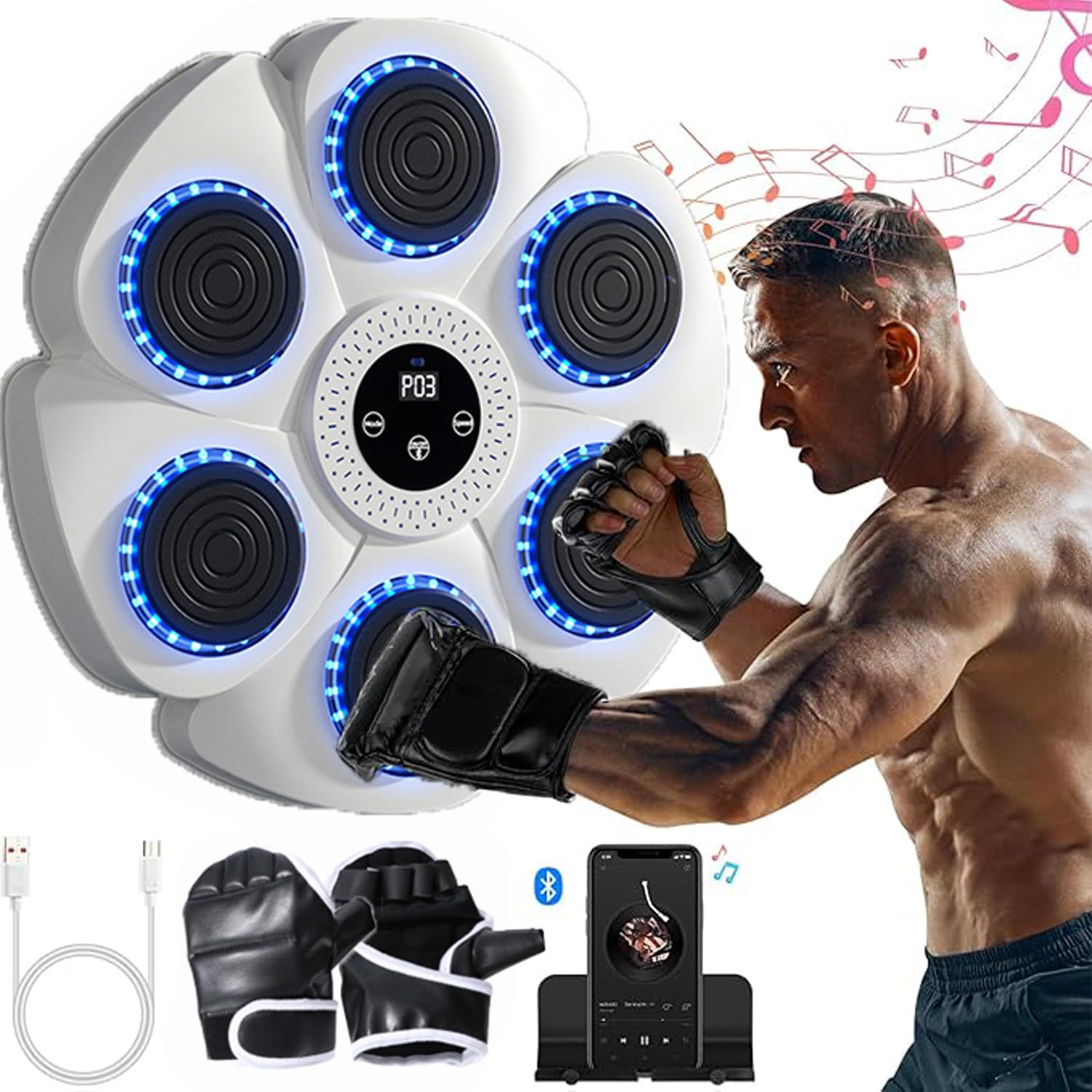Music Boxing Machine with Boxing Gloves, Wall Mounted Smart Bluetooth Music Boxing Trainer for Kids and Adults, Electronic Boxing Target Workout Punching Equipment for Home, Indoor and Gym