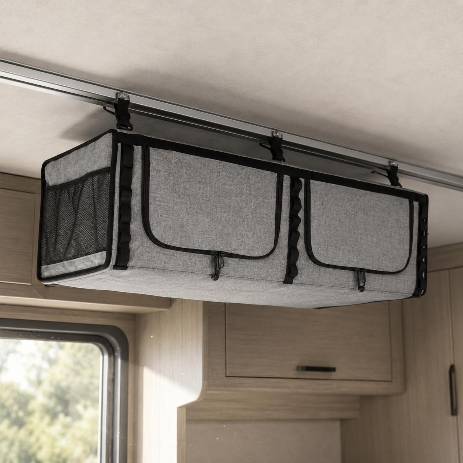 Qianly Cabinet Rangement RV 36 Pouces Compartiments Zippés Organisateur Suspendu Pliable Panneaux en Rangement Souple Zippé pour Camping-Car, Gris