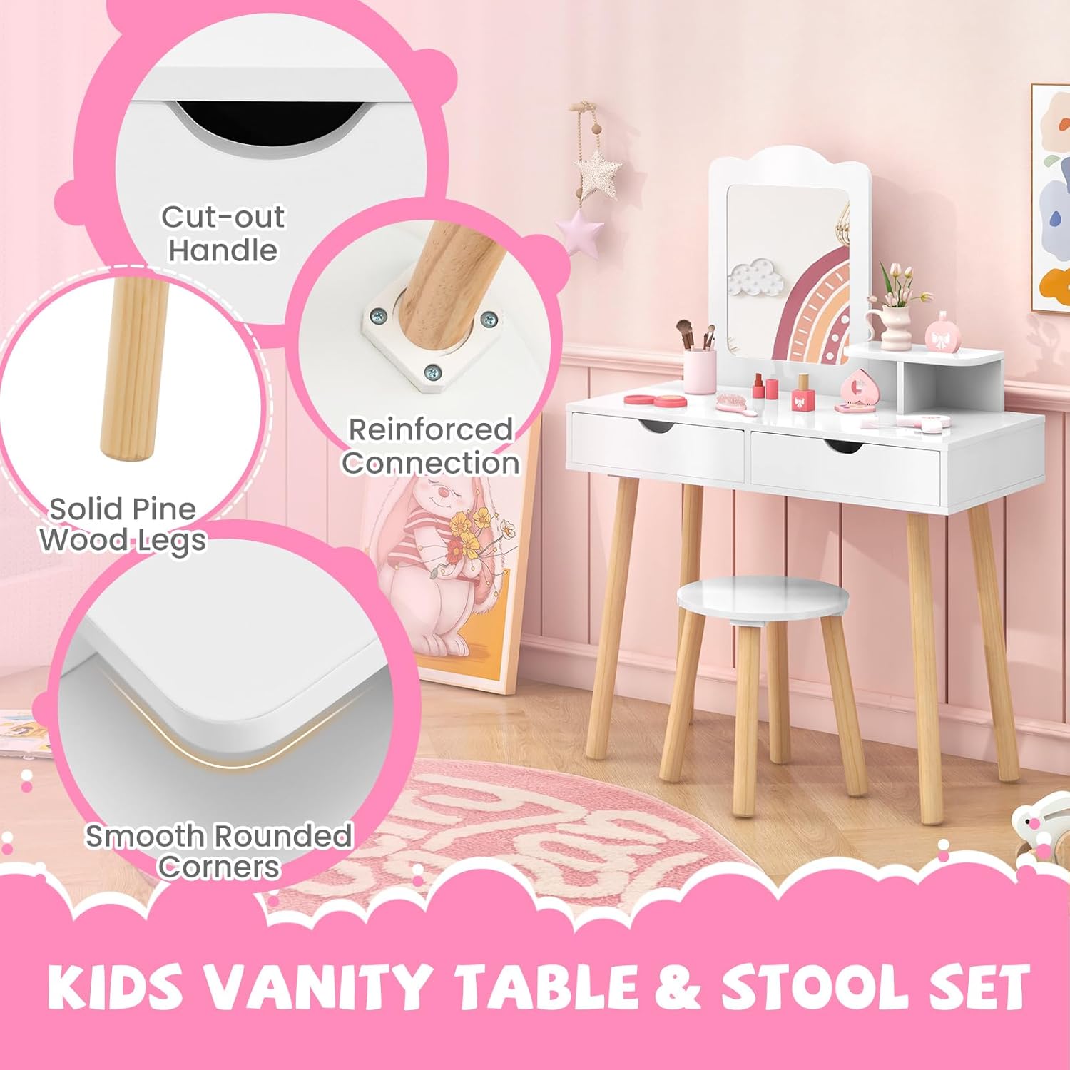 KOTEK Kids Vanity with Mirror and Stool, Princess Makeup Vanity Dressing Table with Detachable Top, 2 Large Drawers, Solid Wood Legs, Vanity Table and Chair Set for Little Girls (White)
