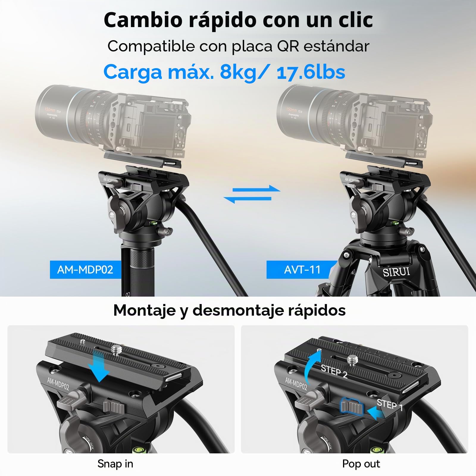 SIRUI 188cm Monopié de Cámara con Pies, Monopié de Viaje de Aluminio con Base de Trípode, Monopié de Vídeo Ligero con Cabeza de Fluido para Videocámara, Carga Máx. 8kg - AM-MDP02