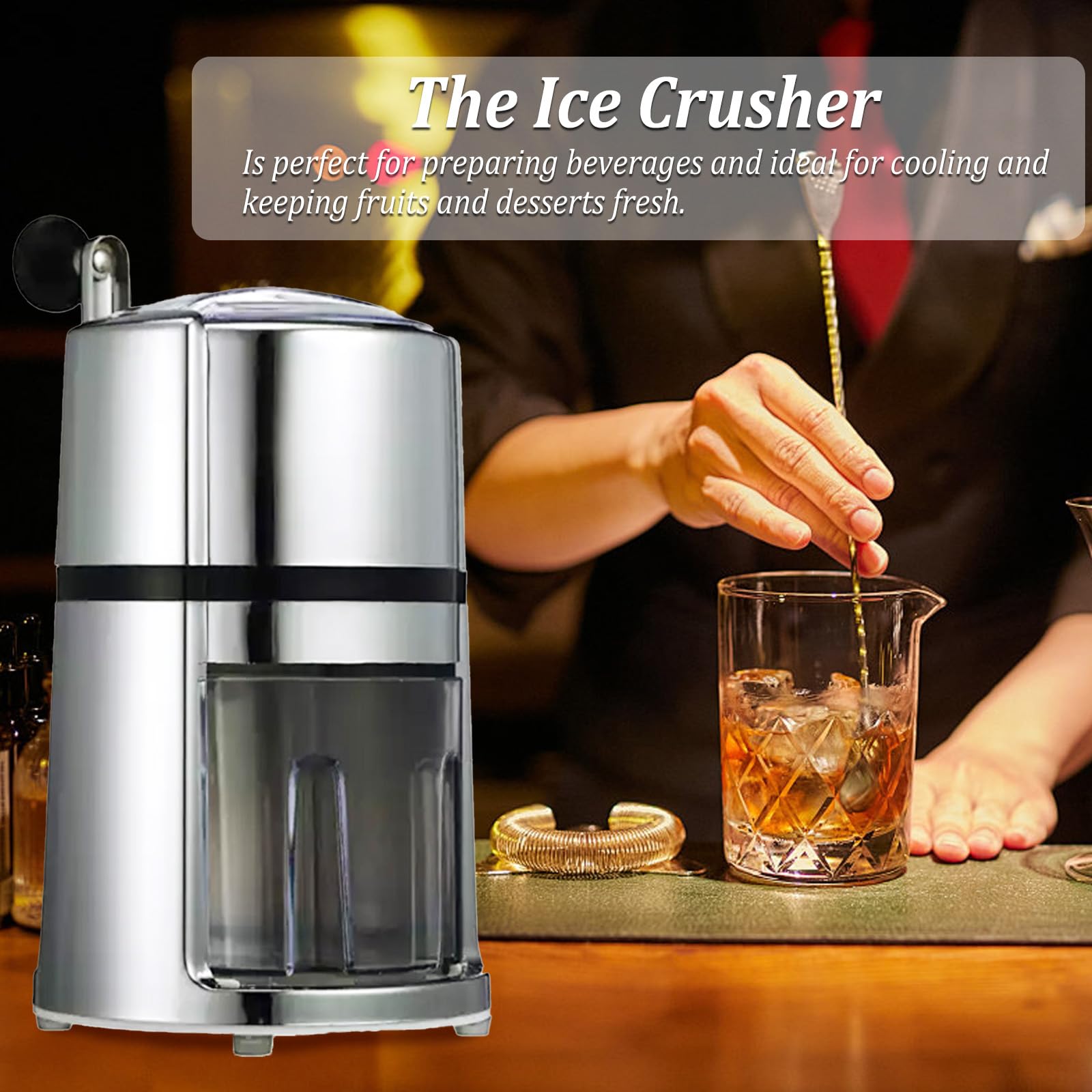 Broyeur à glace manuel en acier inoxydable - Broyeur à glace portable avec pelle à glace - Broyeur à glace pour smoothies, cocktails - Conserve la fraîcheur - Capacité : 1,1 l