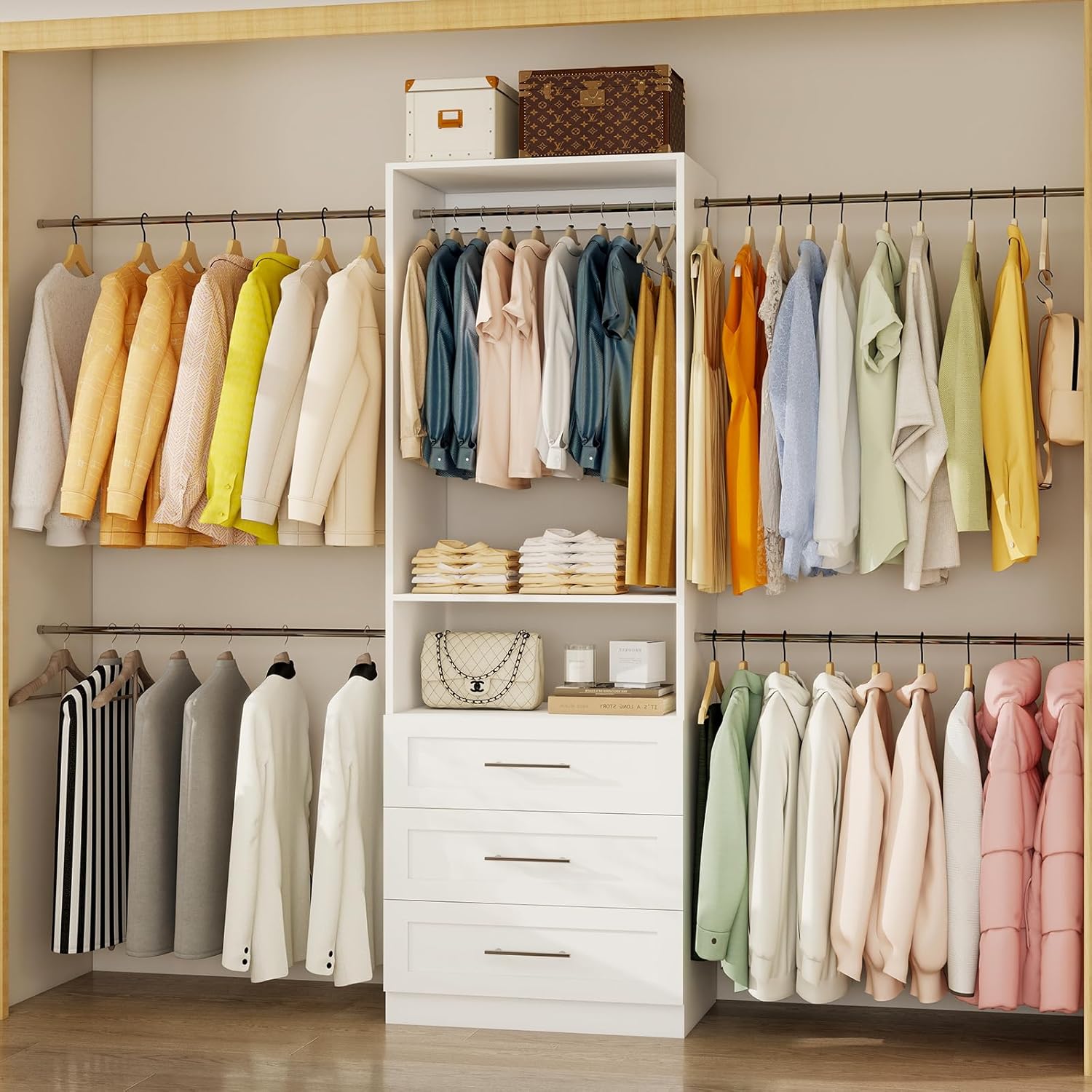 Closet System, 4FT-8FT-9FT Closet Organizer With Drawers Wooden, Walk in Closet System with 5pcs Hanging Rods and Shelves Storage, Closet Built in System Wardrobe Organizer, White