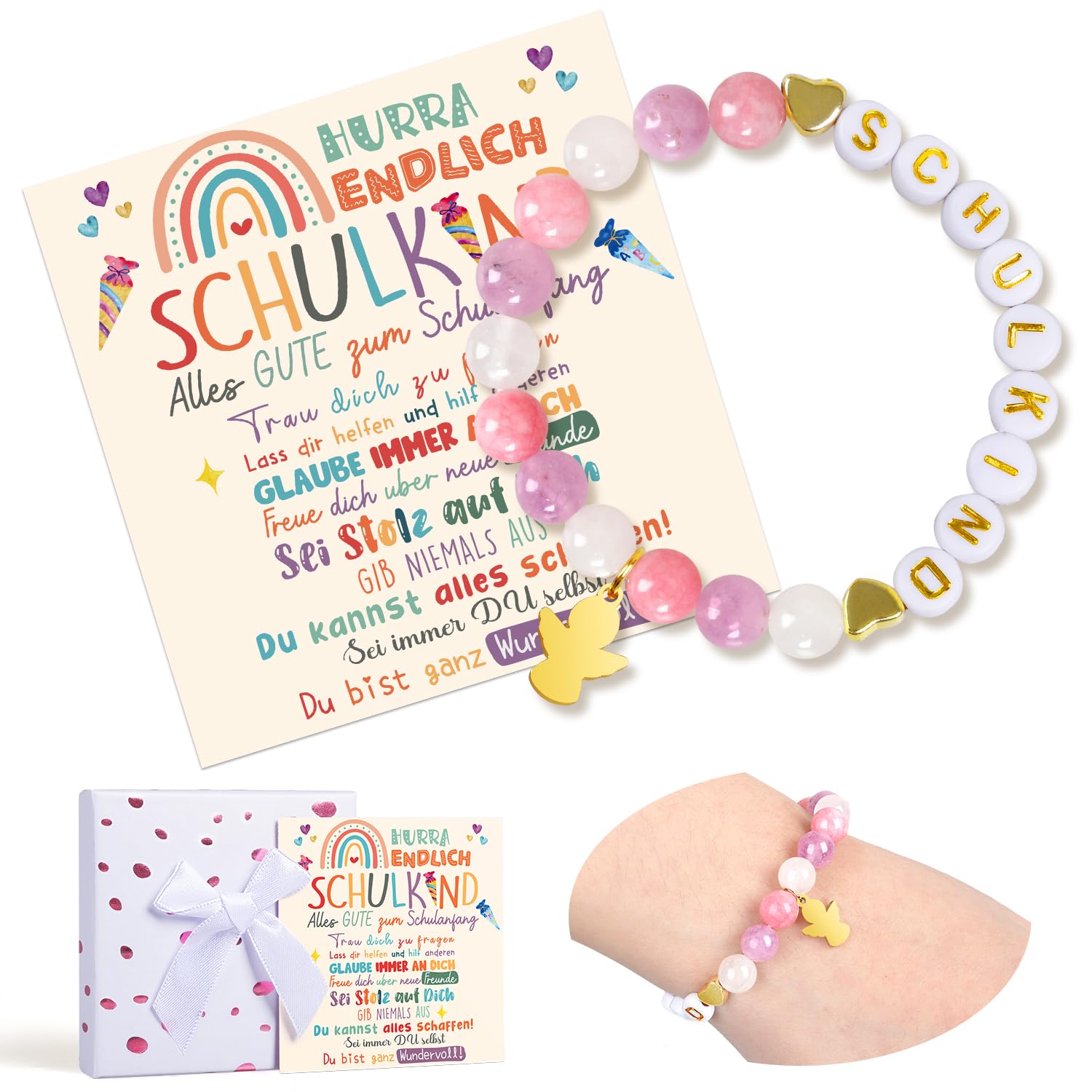 iZoeL Einschulung Geschenk Mädchen Schutzengel Geschenk 2026 Schulkind Schultüte Füllung Schulanfang Armband Glücksbringer mit Grußkarte Geschenkbox