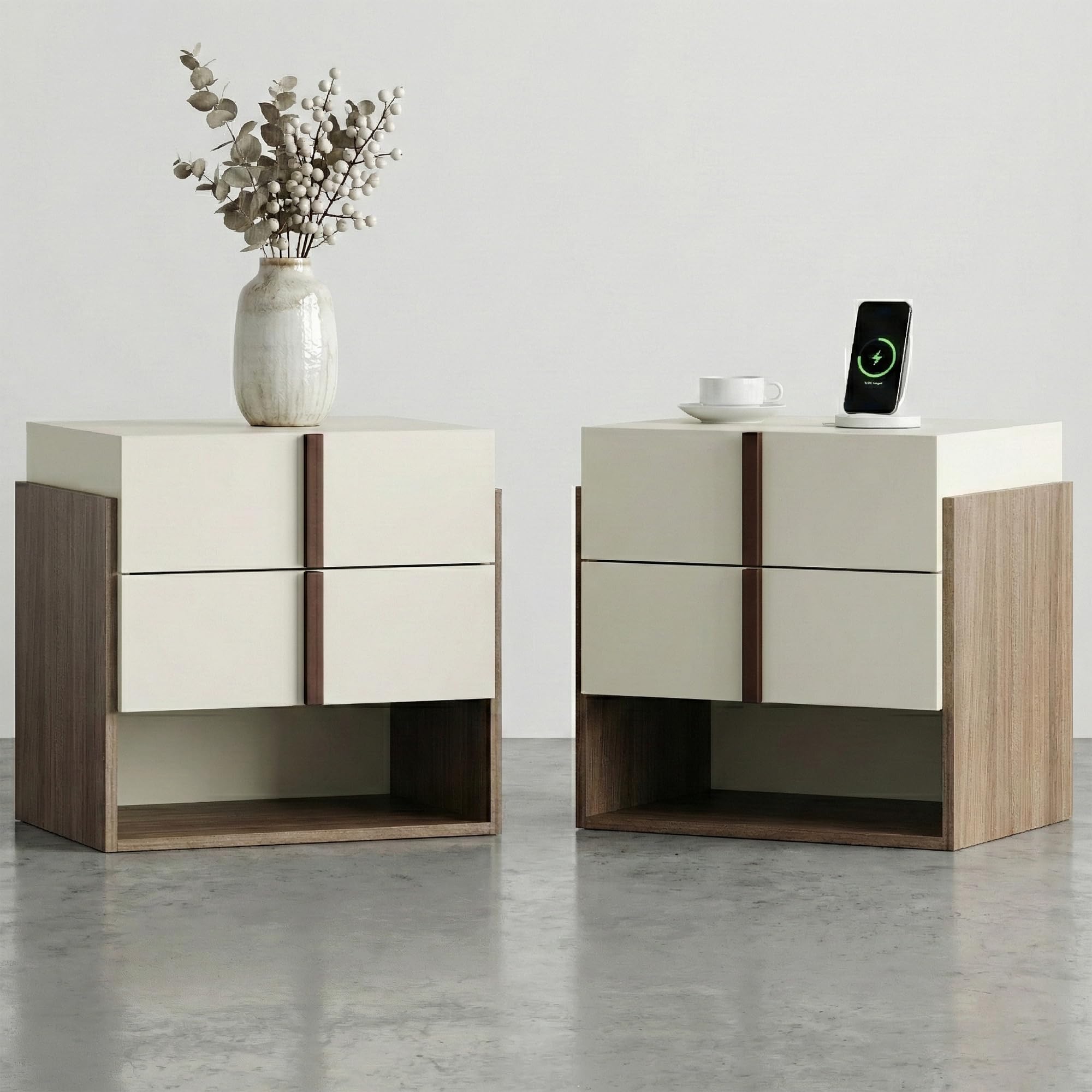 Modern Nightstand Set of 2 with Charging Station, 20" MCM Bedside Table with 2 Drawers & Open Storage Shelf, End Table with USB Ports and Power