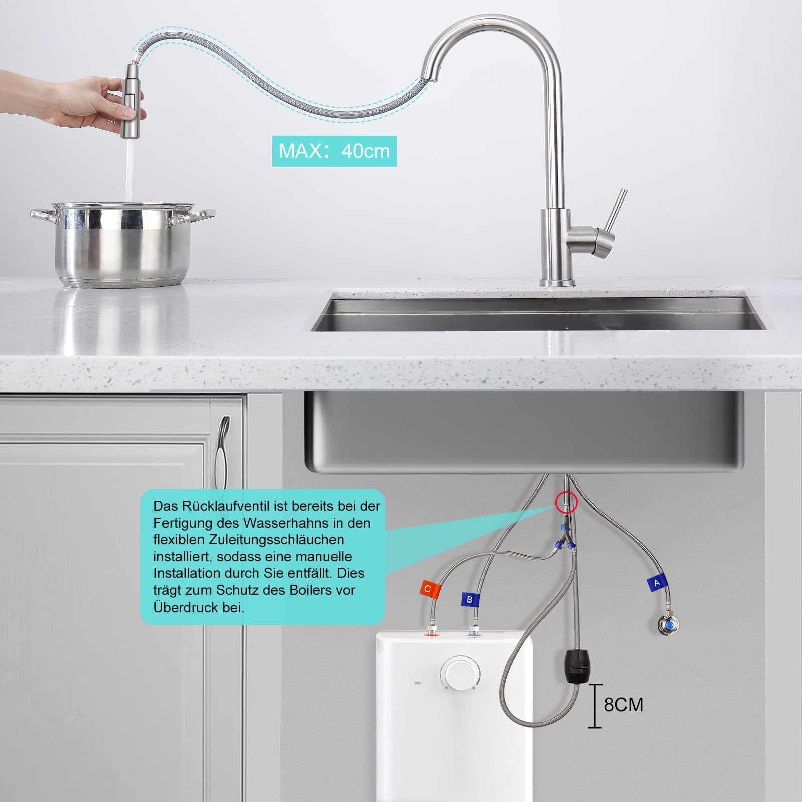 BONADE Niederdruck Armatur Küche, 360° Drehung Wasserhahn Küche mit Ausziehbare Brause, Küchenarmatur mit 3 Anschlüsse, Zwei Wasserstrahlarten Armatur Küche, Mischbatterie Küche für Boiler Gebürst