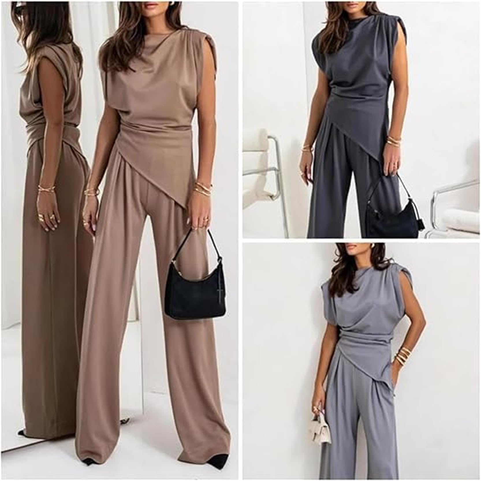 Ensemble d'affaires décontracté plissé sans manches à col rond pour femme - Haut irrégulier de couleur unie et pantalon taille haute