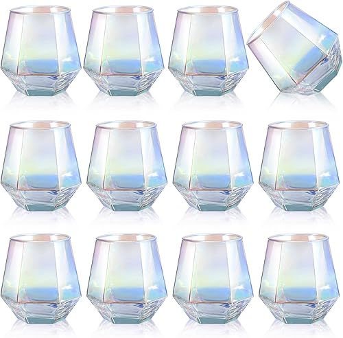 Juego de 12 copas de vino iridiscentes sin tallo de 10.5 onzas de arco iris para cóctel, whisky, Navidad, boda, fiesta de cumpleaños, hogar, bar,