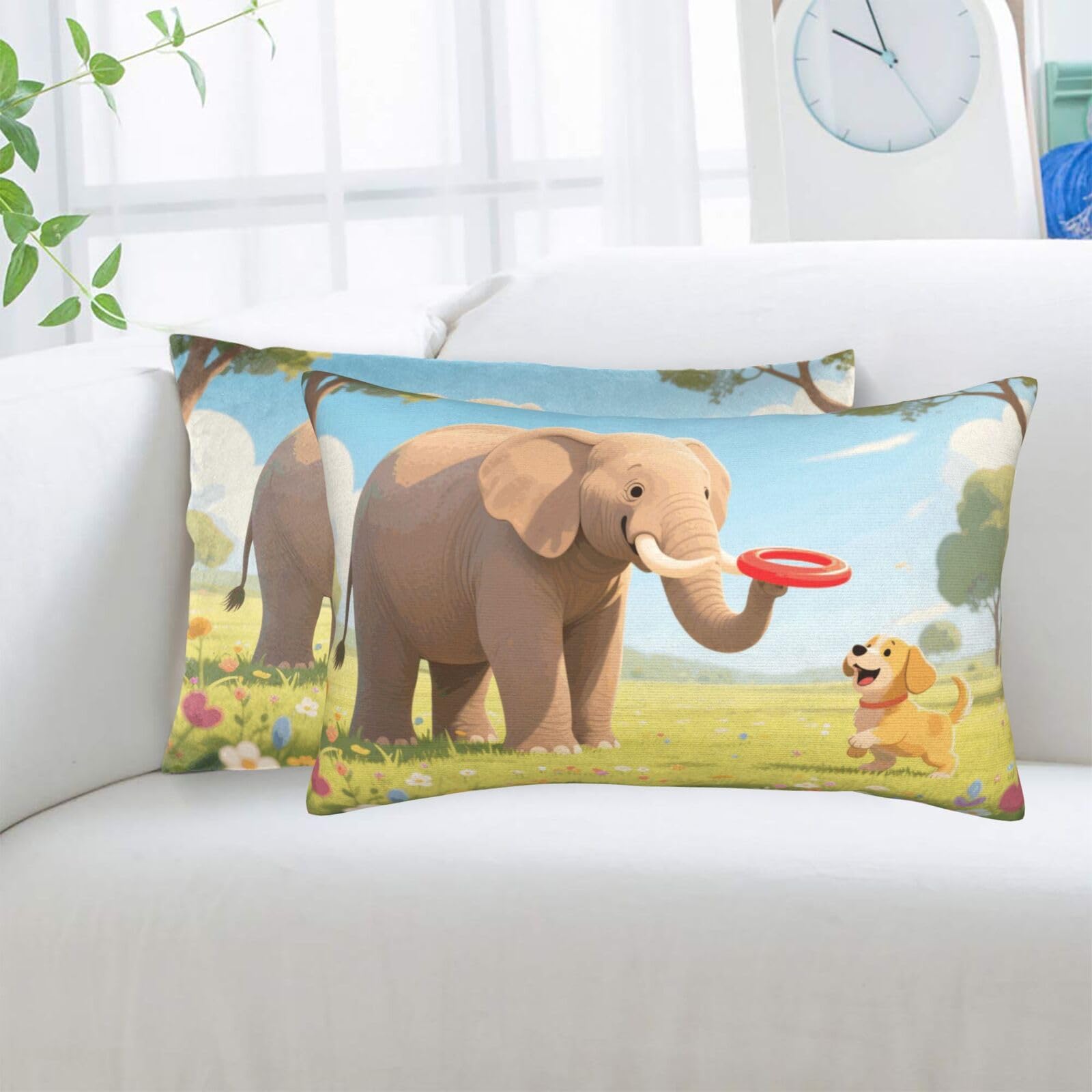 2 Pack Standard Pillowcases Sets, Ultra Soft Comfort Microfiber Plush Pillow Cases Elephant and Dog Decorative Throw Pillow Cover with Hidden Zipper for Bedroom, Sofa, Couch,14"X20"