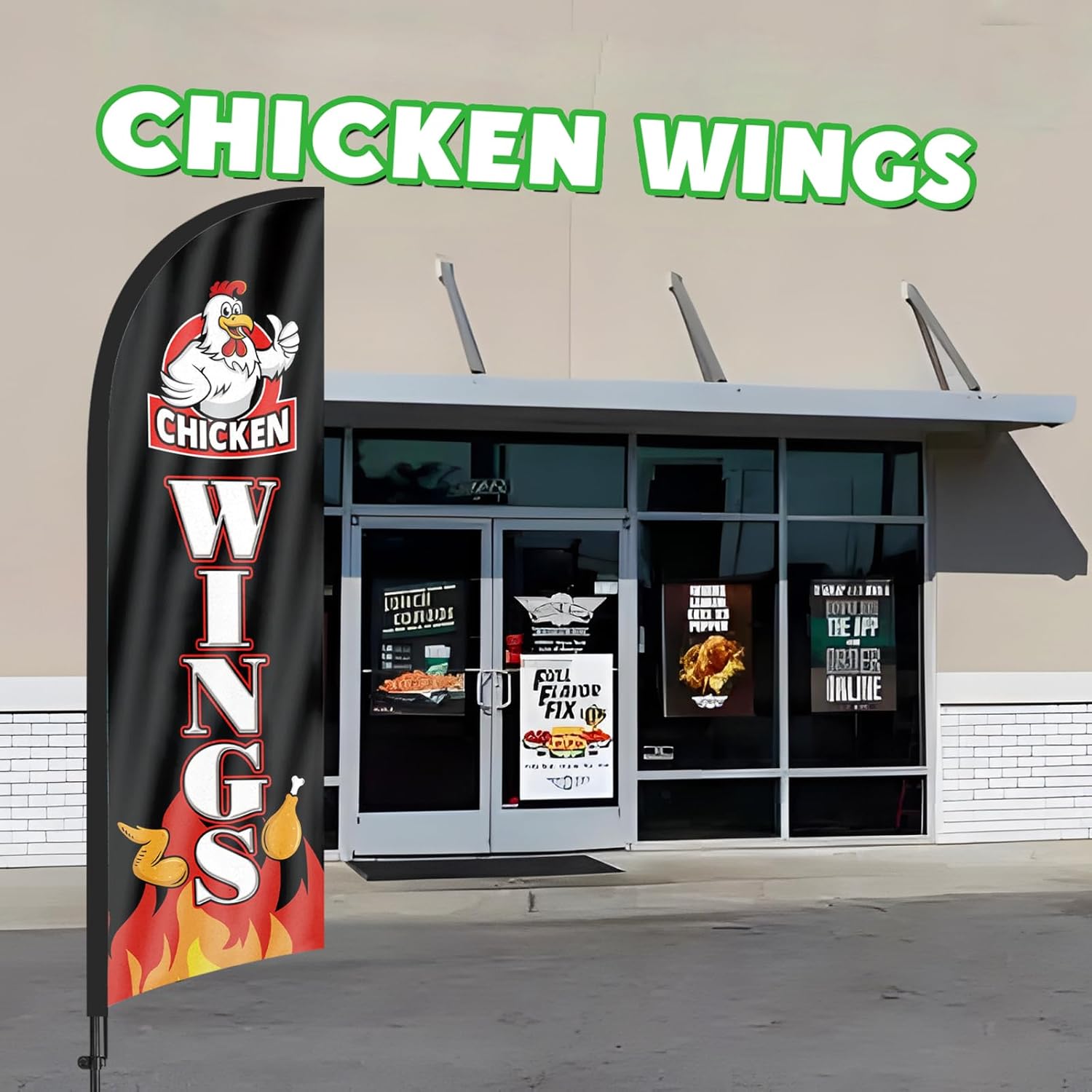 Chicken Wings Advertising Feather Flags Banner, Chicken Wings Swooper Flags with Poles and Ground Stake, 8FT Advertising Feather Flags Sign for Chicken Wings Business