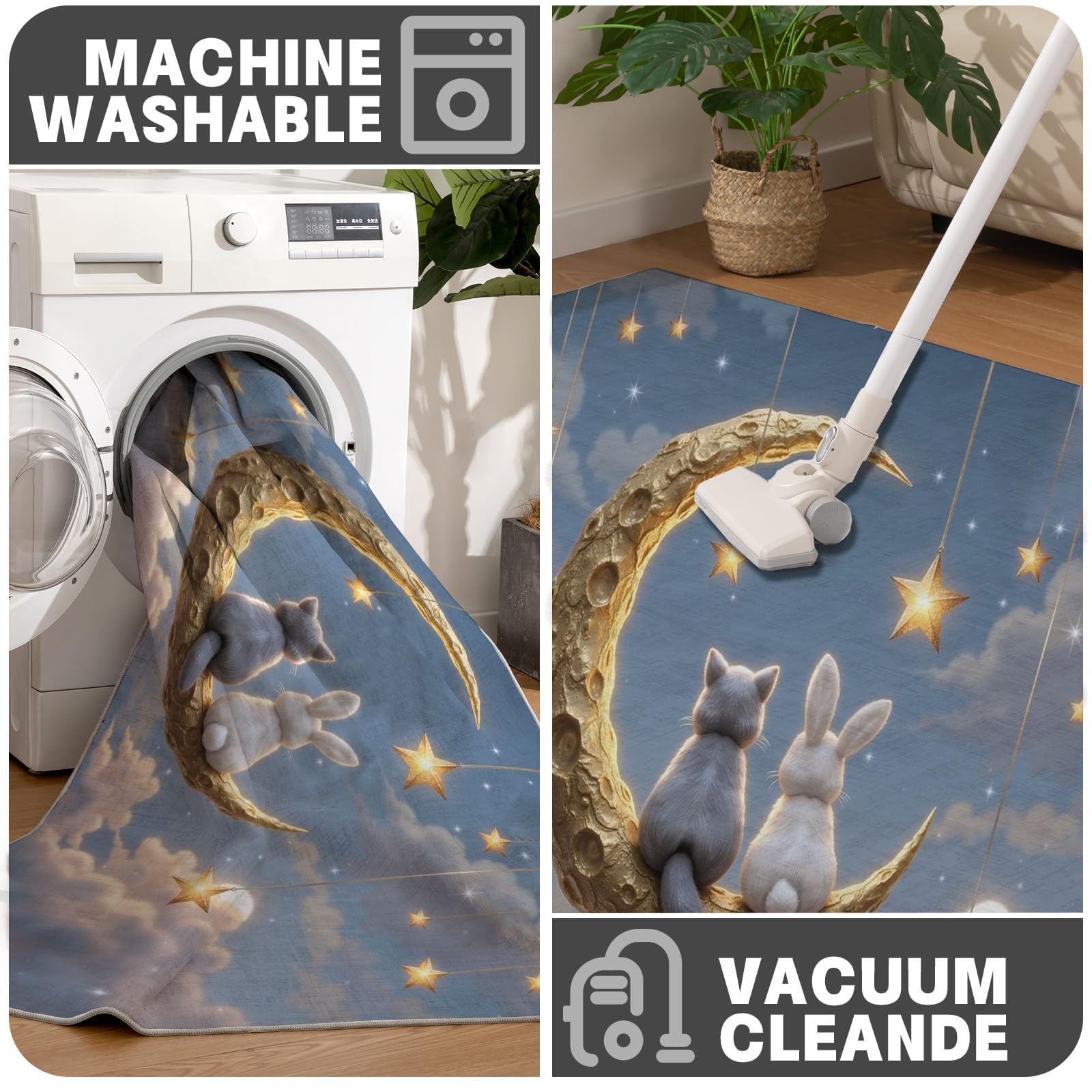 Tappeto Fiabe curative Tappeto Rotondo Antiscivolo | Tappeti Gatto Coniglio Luna 0 in Lana Sintetica Tappeti Morbido e Accogliente per Soggiorno,Cameretta e Studio 160cm