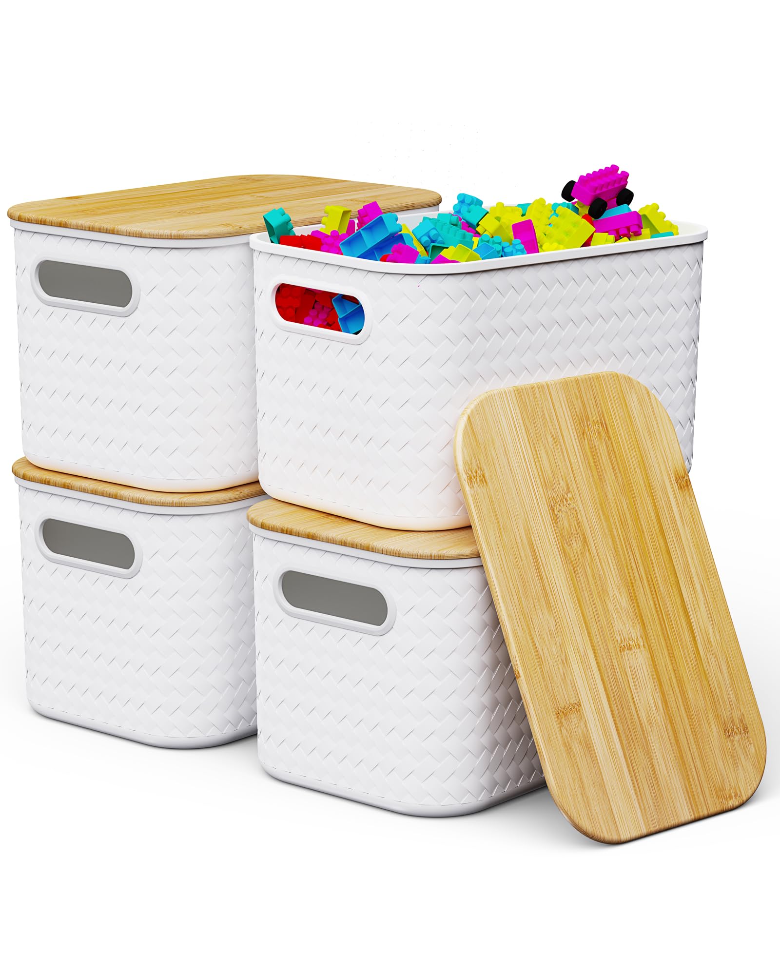 Shrivee 4PCS 6.5L Cajas Almacenaje Plastico con Bambú Tapa Apilables Cesta de Almacenamiento para Baño Armarios Cocina Storage Ropa Zapatos Juguetes (Blanco)
