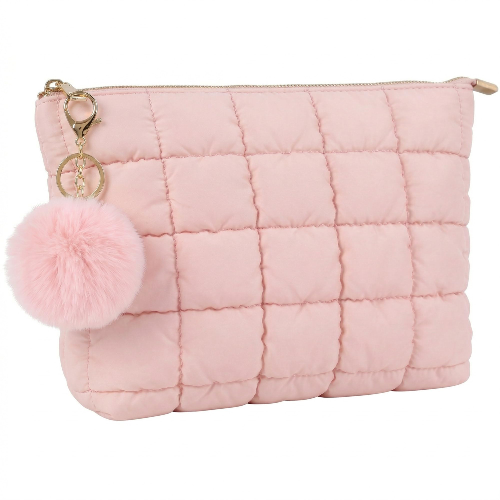 CECKQUE Pink Puffer Quilted Makeup Bag for Women with Furry Keychains - 10" Roomy Puffy Cosmetic Pouch, Travel Toiletry Organizer Bag (PI-Fu-PI)