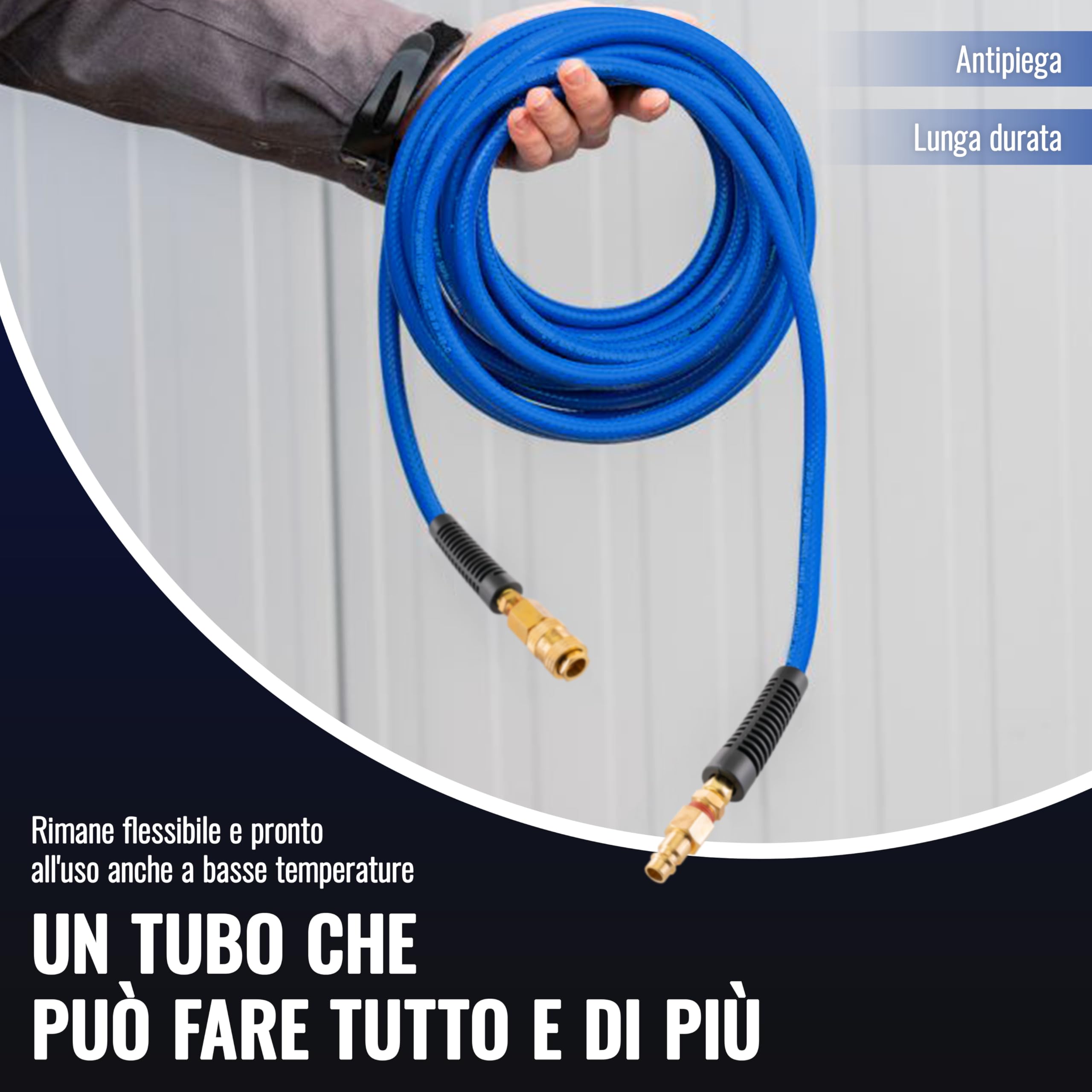 Poppstar Tubo per aria compressa in PVC ibrido 50 m, diametro interno 9,2 mm, beccuccio in ottone 1/4", 20 bar, blu