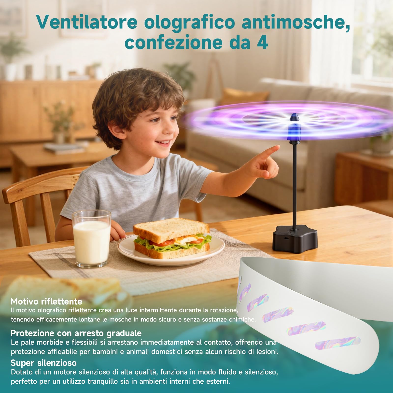 4 Pezzi Ventilatore da Tavolo Antimosche, Ricaricabile e a Batteria con Cavo USB, Repellente per Mosche per Terrazza, Ristorante, Giardino, Picnic – Protezione Efficace contro Mosche e Zanzare
