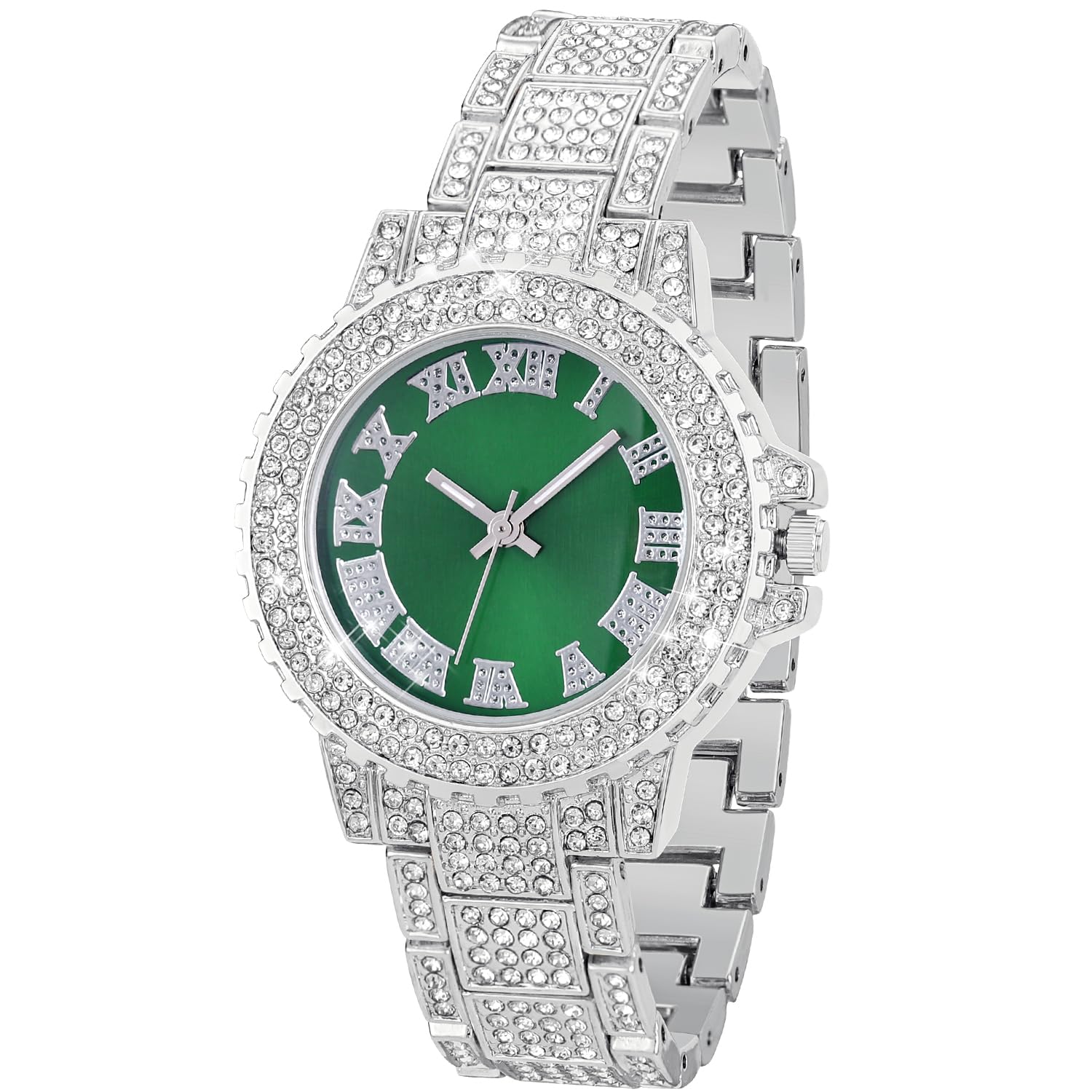 oyeaho Watches for Women Diamond Watch Silver Watch for Women Iced Out Watch Rhinestone Watch Stainless Steel Quartz Watch Luxury Watches for Men Bling Watch Fashion Crystal Mens Watches Green Dial