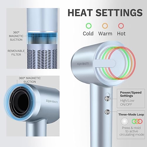 Miniatura 5 de Secador de pelo iónico con 200 millones de iones negativos, secadora de alta velocidad para mujeres y hombres, secador de pelo de viaje de bajo