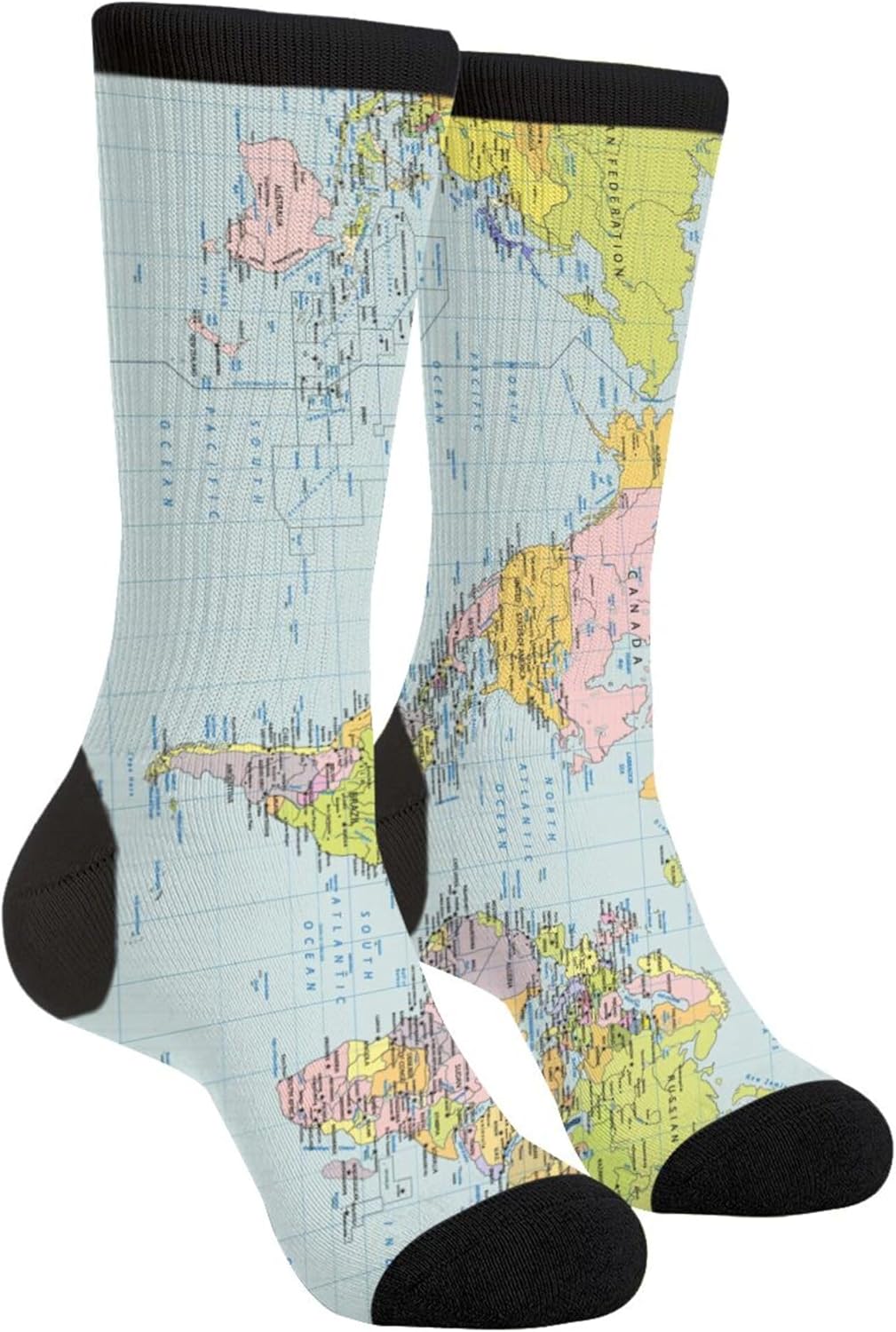 FWSXIVN World Map Vintage Casual Cool 3D Printed Crazy Funny Colorful Fancy Novelty Graphic Crew Tube Socks, Black and White, One Size