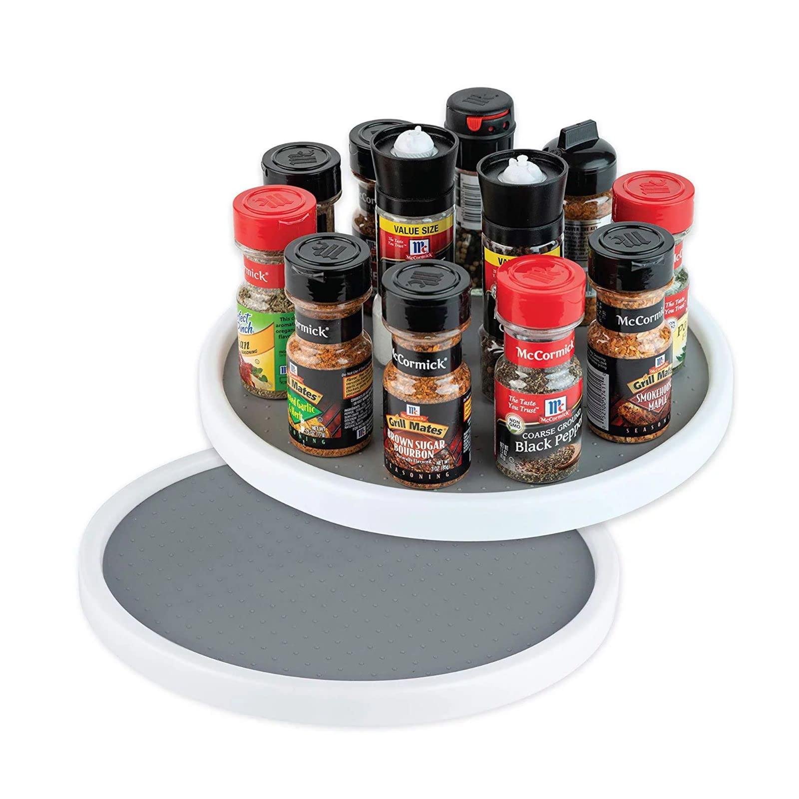 Gulf World Direct ® 1 Pack Non-Skid Lazy Susan Turntable Organizer - BPA Free, Clear Plastic Kitchen Organizer - 360 Degree Rotating Lazy Susan Organizer for Pantry, Countertop, Fridge (Grey/White)