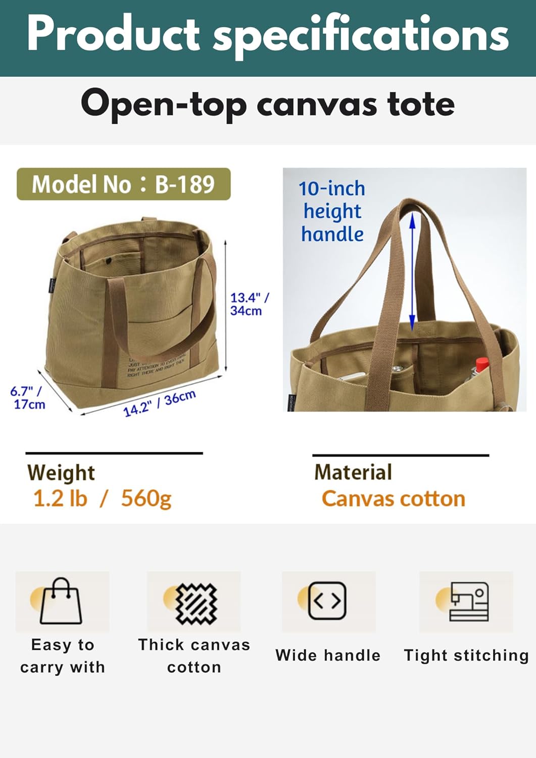CAMPINGMOON Open Top Canvas Tote Bag Long Handle Camping Gear Storage Case B-189