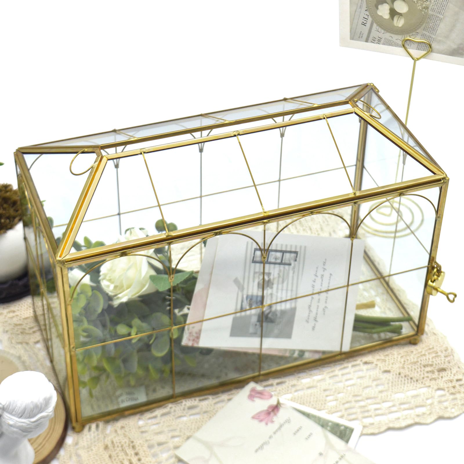 Caja grande de tarjetas dorada y de cristal para boda con cerradura y ranura, soporte para tarjetas de boda para recepción, caja de cerradura transparente con llave, geométrica, hecha a mano