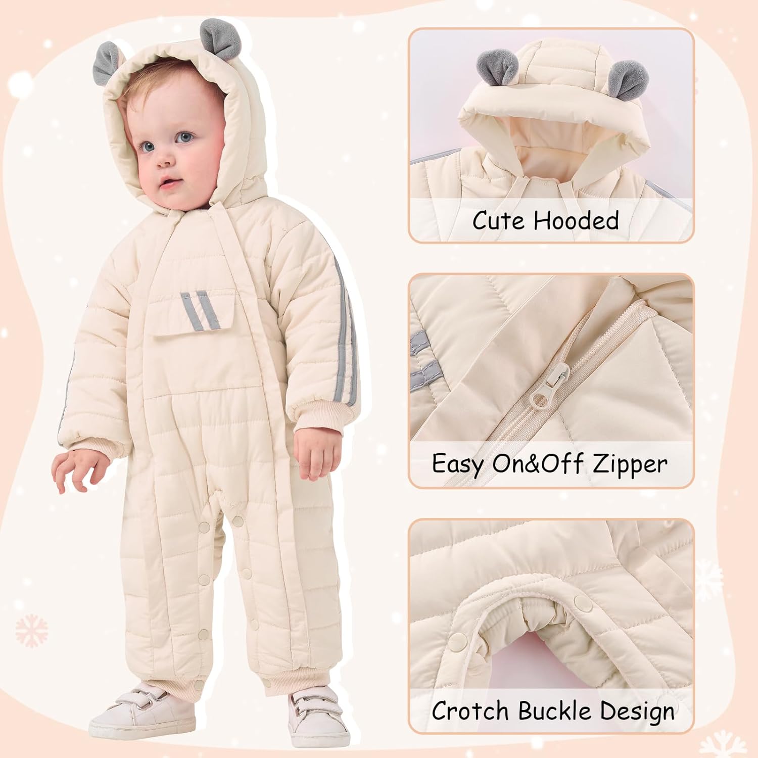 JiAmy Baby Snowsuit Baby Bear Hooded Winter Outfit Double Girl Boy Zipper Winter Clothes Romper - Image 2