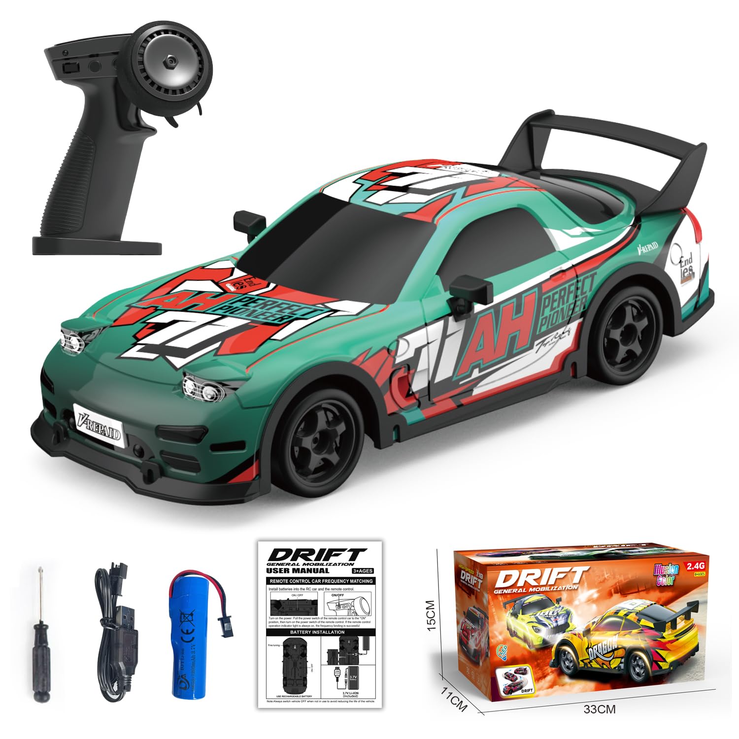 Remote Control Car RC Drift Car, 1/18 Remote Control 4WD 28KM/H High Speed Racing 2.4GHz Electric Sport Drifting With LED Lights,Toy Gifts for Boys and Girls (PY388 Cyan)