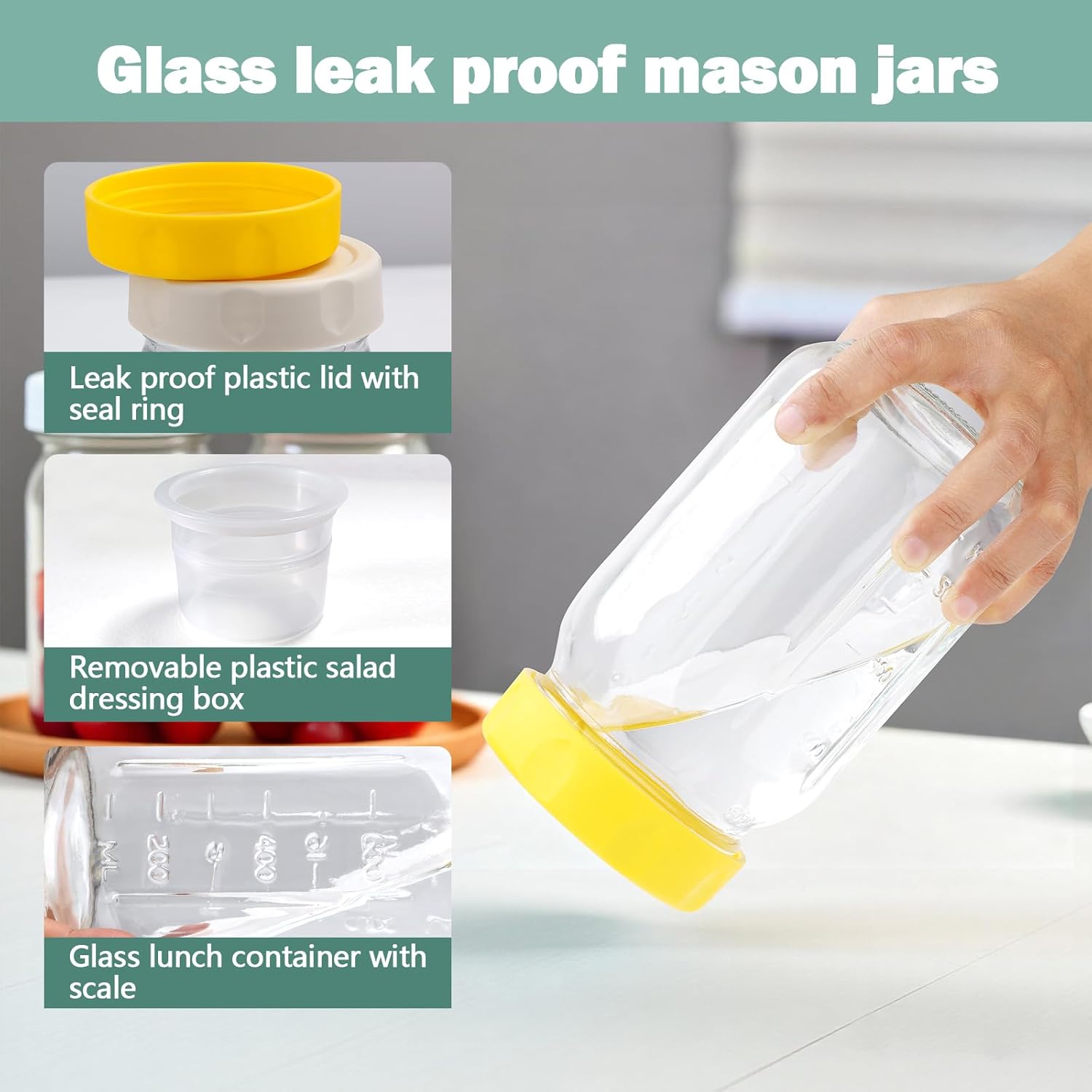 32 Oz Glass Salad Jars, 4 Pack Mason Jars with 2 Built-in Dressing Containers, Leak-proof Meal Prep Salad Cups,Food Storage Glass Mason Jars for Oatmeal Jams Fruit