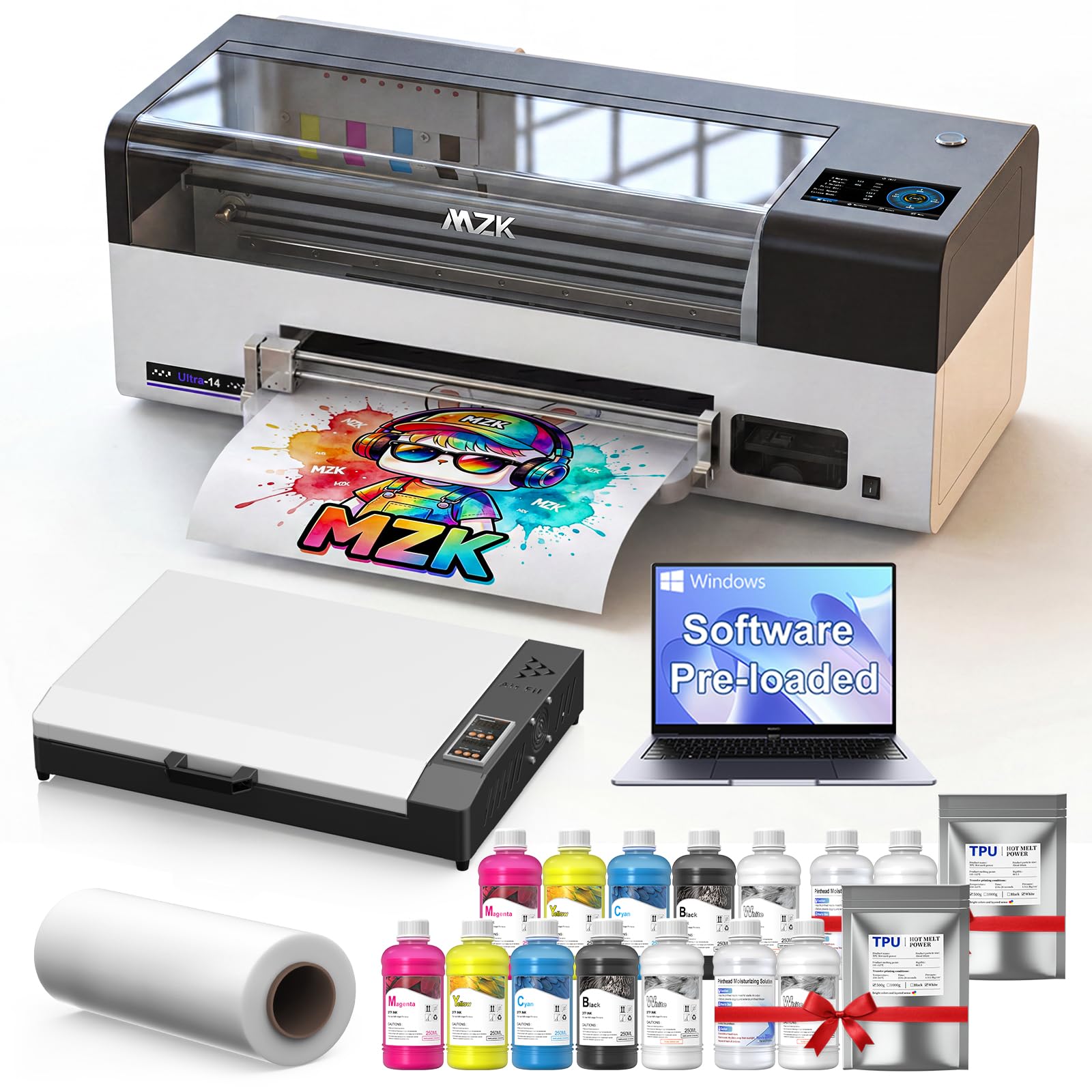 MZK 14''A3 DTF Printer Bundle With F1080 Printhead,2X Speed vs L1800/R1390,One-Click Printhead Moisturizing+24/7 Auto-Cleaning+White Circulation+Ink Anti-Clog Design,5" Smartscreen,2-Year Ink Included
