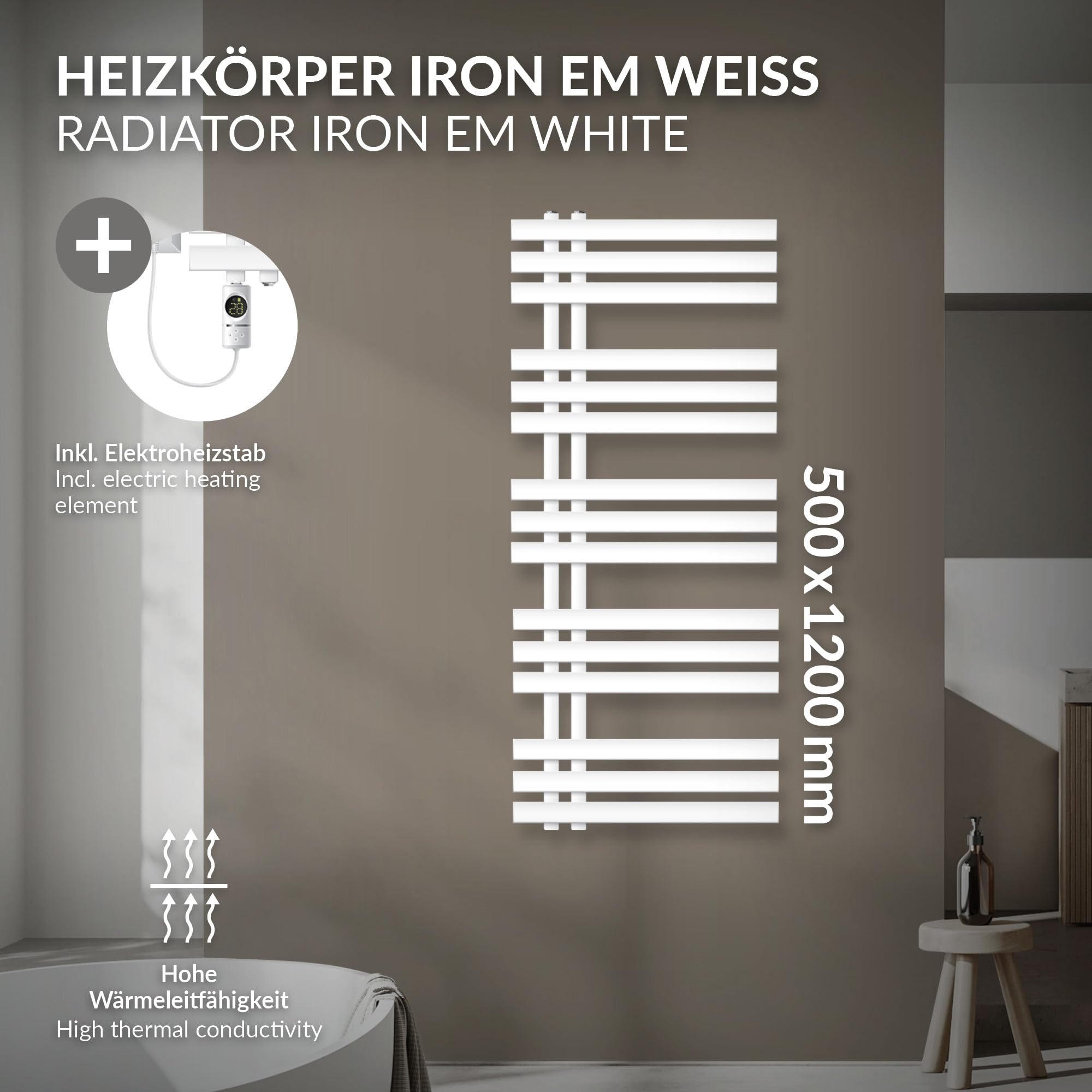 LuxeBath Radiador Eléctrico Iron EM 500 x 1200 mm Blanco, Estufa Toallera Vertical con Elemento Calefactor 900W Termostato de Pantalla Digital, Calentador de Pared de Diseño Moderno para Baño