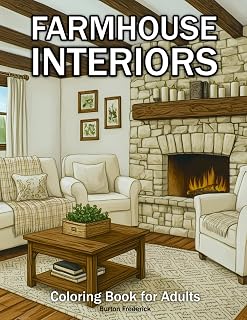 Farmhouse Interiors: Coloring Book for Adults with Cozy Kitchens, Rustic Living Rooms, Country Bedrooms, Vintage Decor, and Charming Farmhouse Spaces