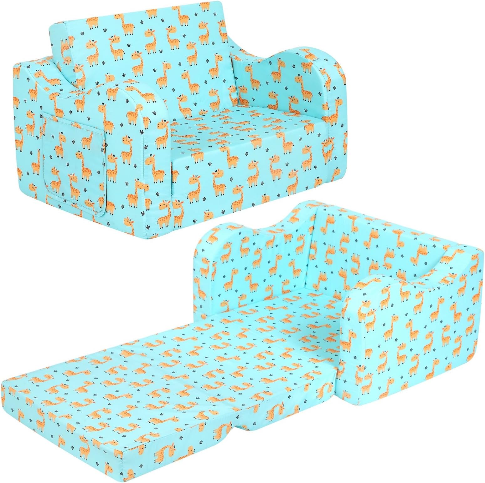 MOMCAYWEXCute Giraffe Kids Sofa, 2-in-1 Kids Couch Fold Out, Convertible Sofa to Bed for Girls and Boys