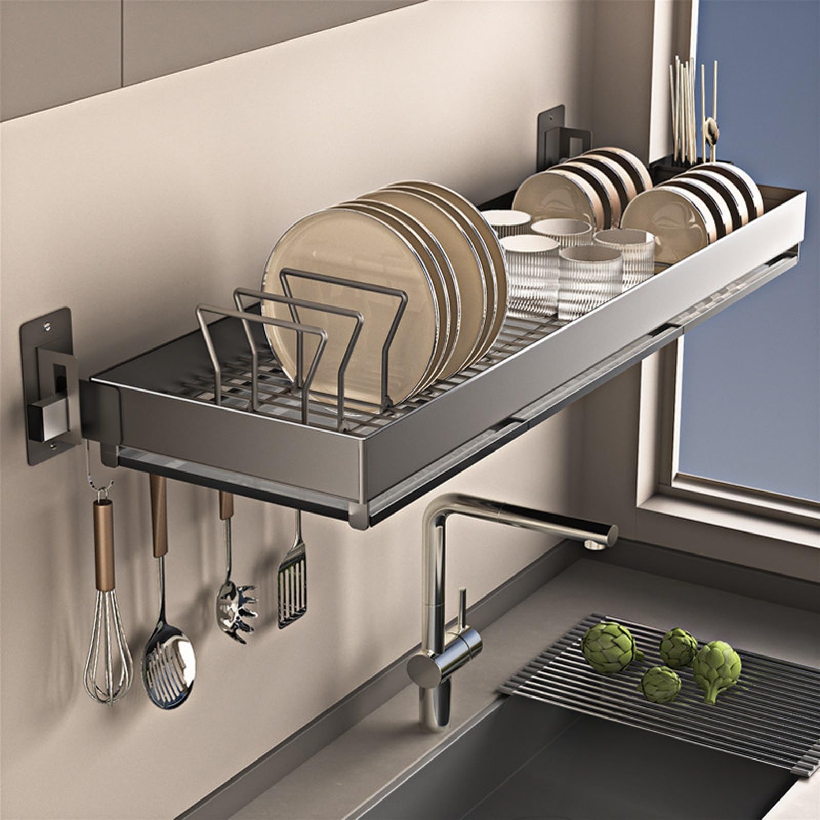 Escurridor de platos para colgar sobre el fregadero, estante colgante de acero inoxidable para platos, vasos y cubiertos, almacenamiento multifuncional que ahorra espacio, diseño de 60 cm