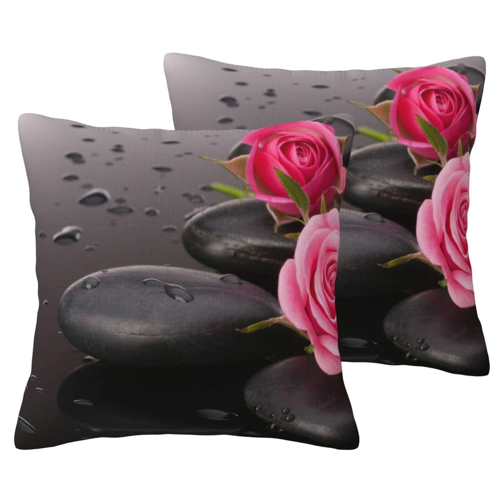 Taies d'oreiller lin imitation sans pli motifs pierres roses x2