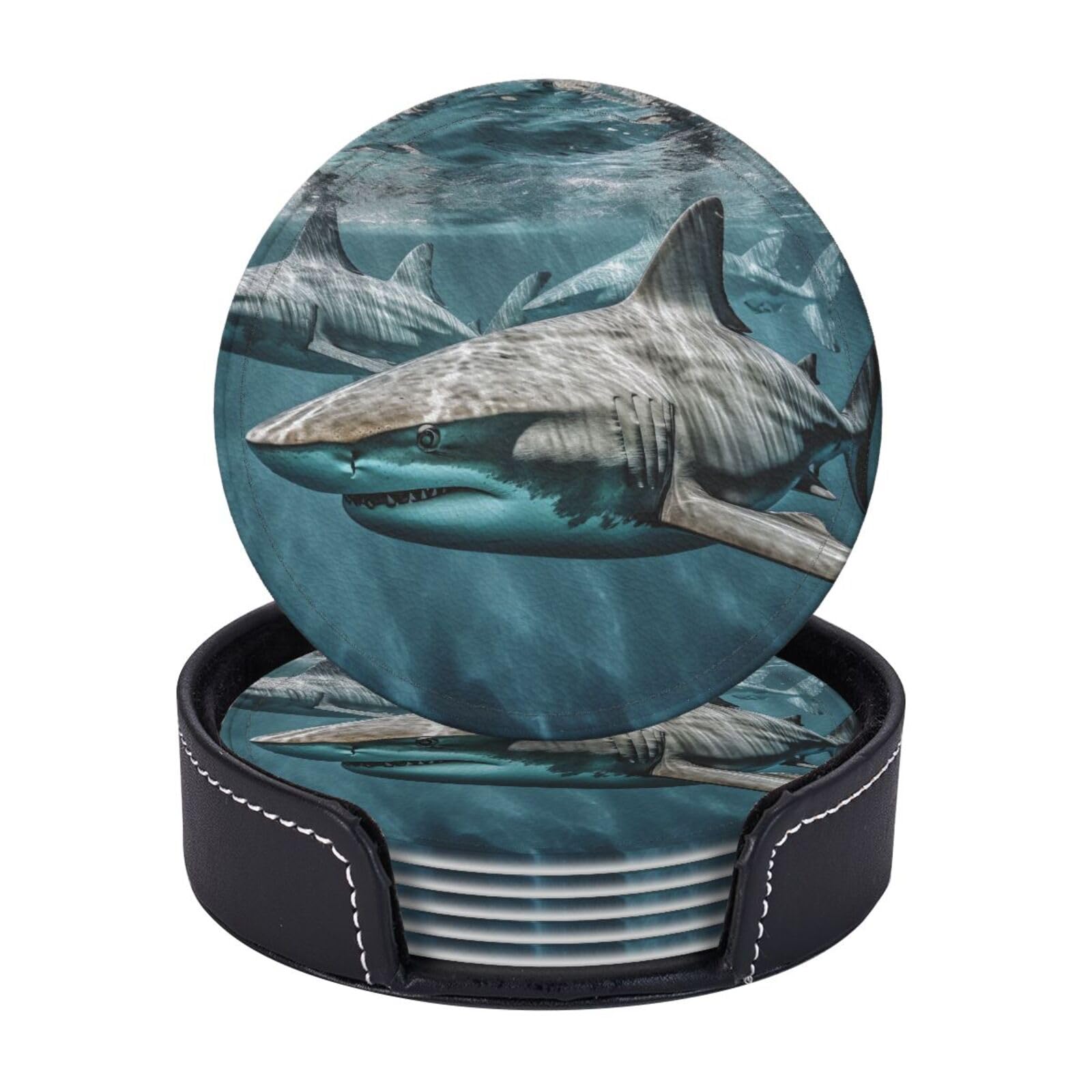 Drink Coasters Set of 6 Coffee Leather Coaster with Holder Several Sharks in the Ocean Coasters for Drinks Coffee Cup Mat Heat Resistant Tabletop Protection Coaster Desk Accessorie Home Decorative
