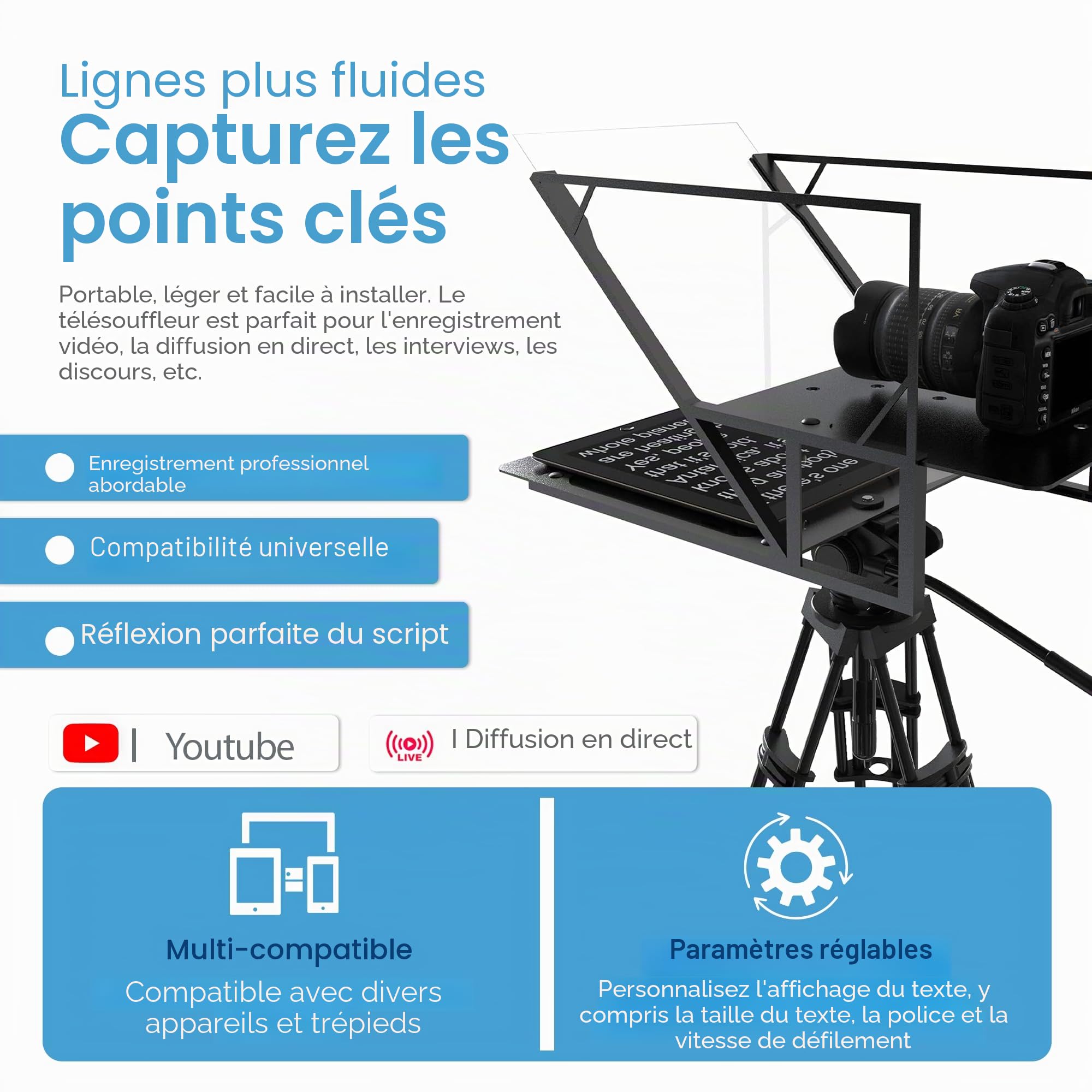 Teleprompter Compatible avec IPad, Tablette, Smartphone et Appareil Photo DSLR, Contrôlé via Télécommande ou Application, Android et iOS, Idéal pour L’Enregistrement Vidéo (4.0)