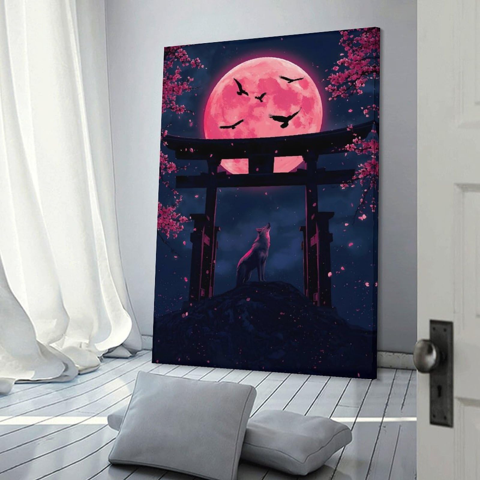 Junmoney Frame-Style-1 Wolf Howling At Pink Moon Canvas Wall Picture, 08X12inch(20X30cm), For Study, Office Or Focused Interiors, Home Office Artwork With Decorative Appeal