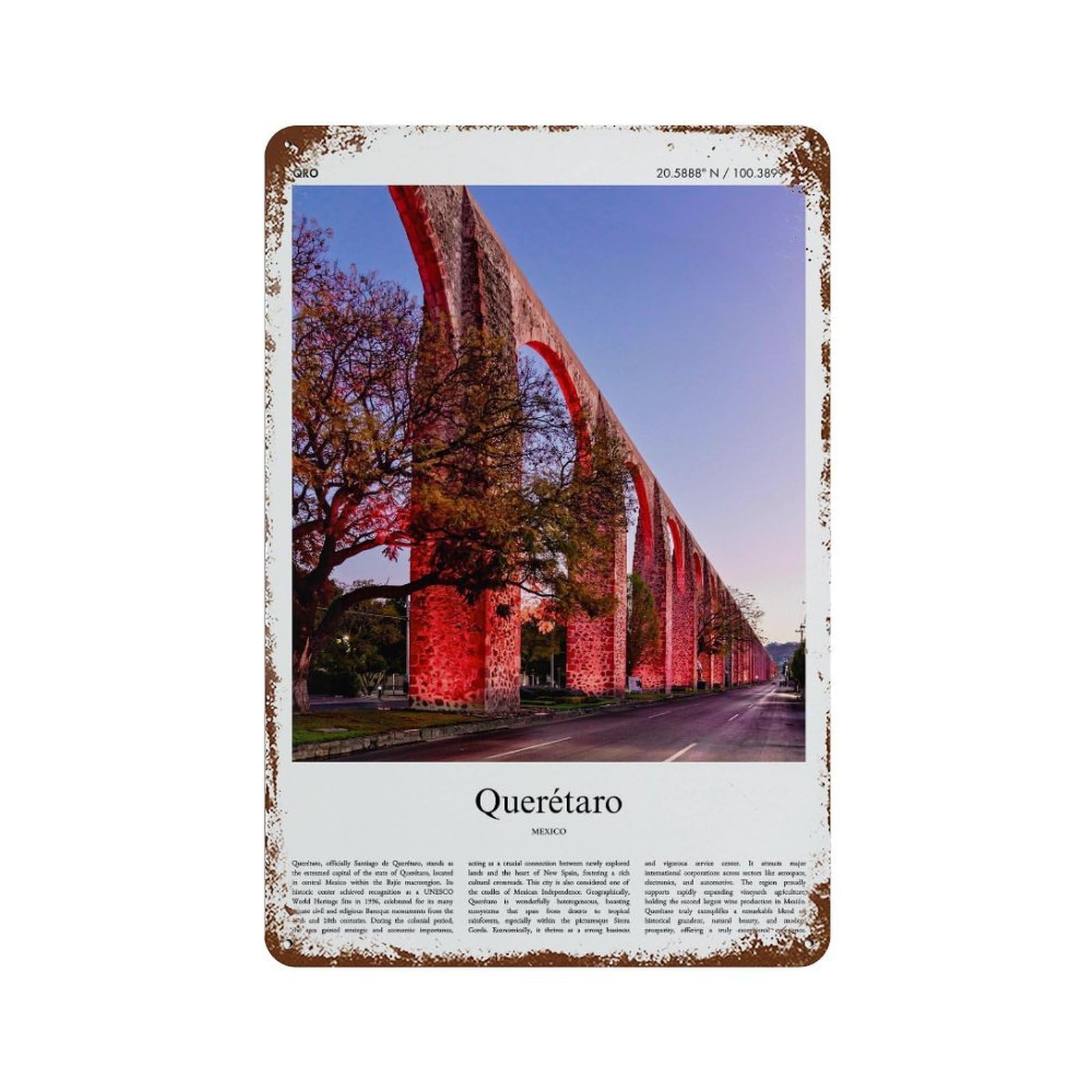 xiaoxiaoshen Querétaro Mexico City Scenery Wall Decor Art Metal Tin Poster Modern Home Decor Art Home Bar Shop Decorations Vintage Sign 30x20cm
