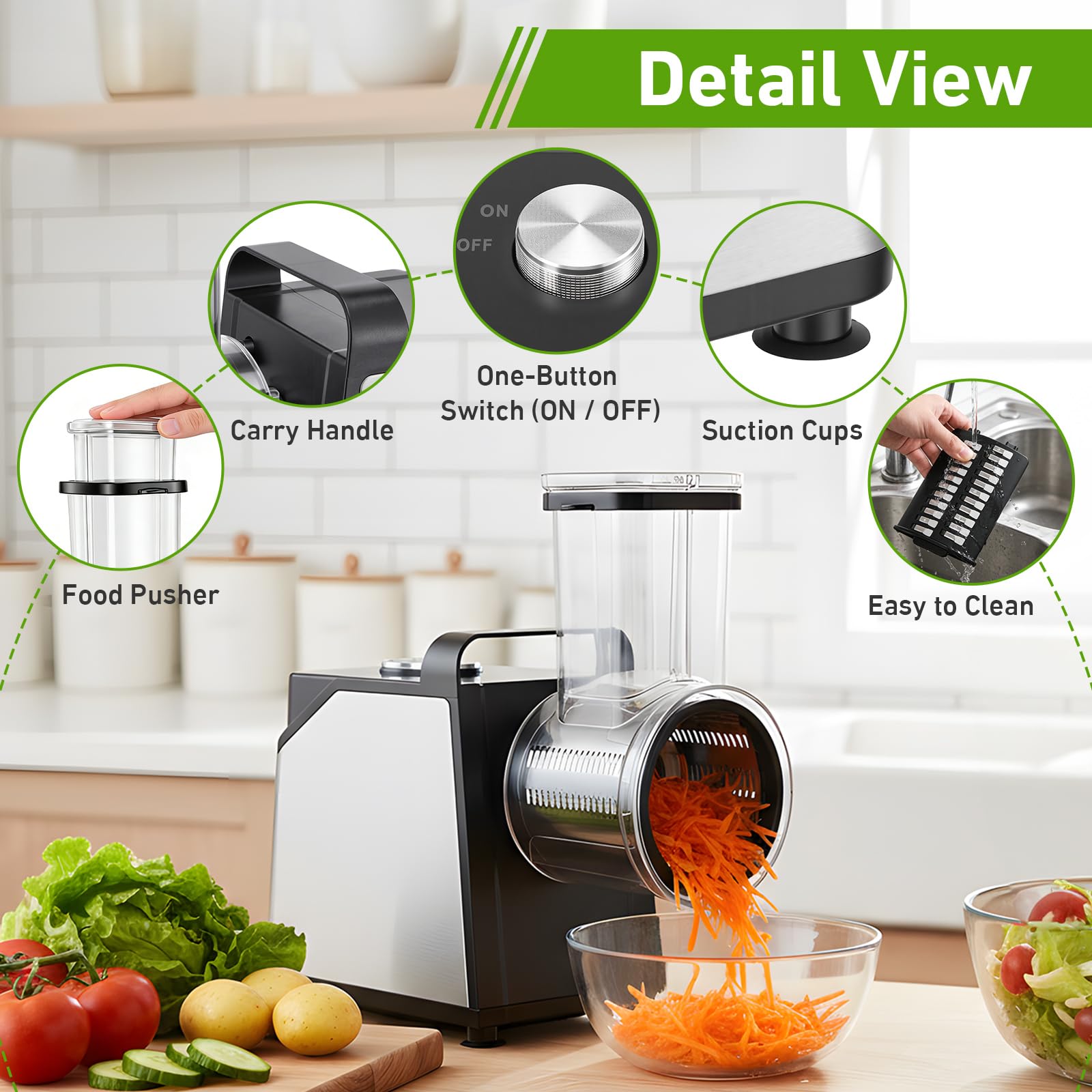 Rallador Eléctrico de Verduras y Fruta 250W, 7 en 1 Mandolina Electrica con 7 Cuchillas de Acero Inoxidable, Cortador de Verduras Electrico con Embudo de llenado Grande, para Verduras, Queso, Frutos