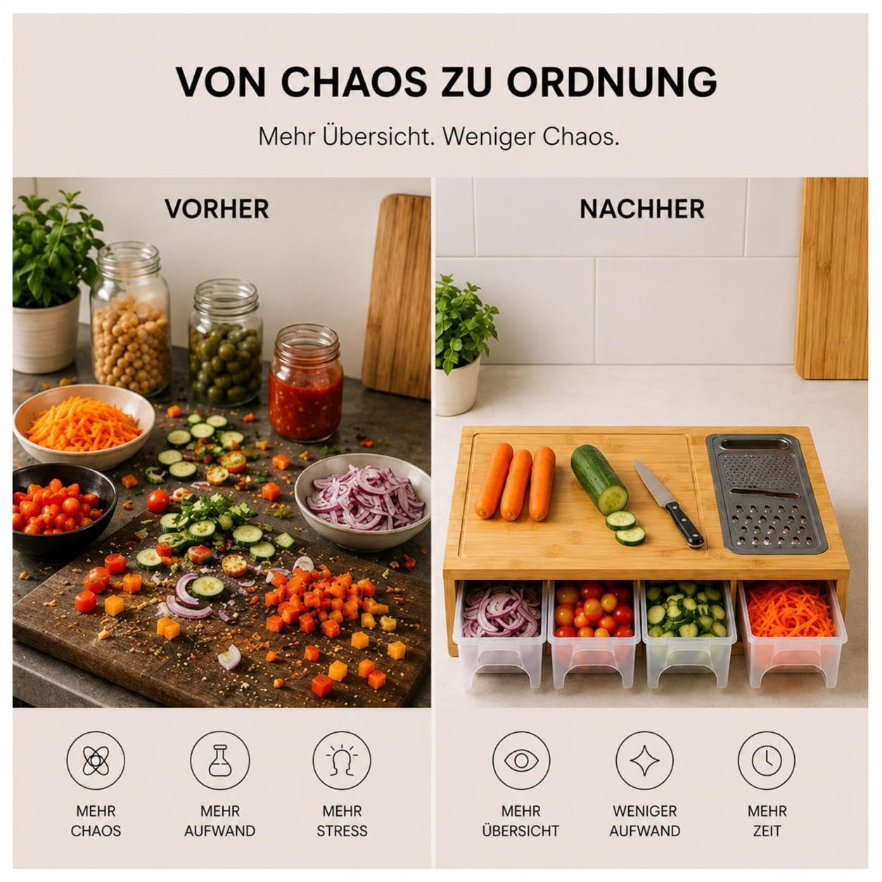 Planche à découper en bambou avec bac de récupération et 4 récipients - Coupe-légumes avec râpe/mandoline - Grande planche de cuisine antidérapante pour légumes, fruits et viandes