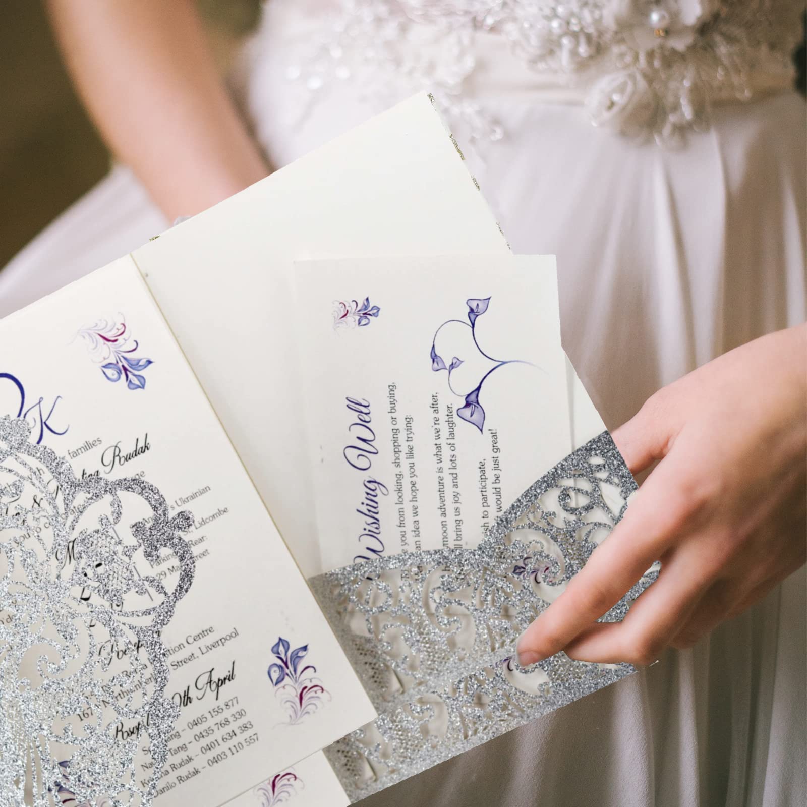 KALOPEZY 50PCS Wedding Invitation Silver invitations Silver Powder Floral Laser Cut with Blank Inner Sheet Envelopes and Ribbons for Wedding Engagement Bridal Bridal Shower Invite