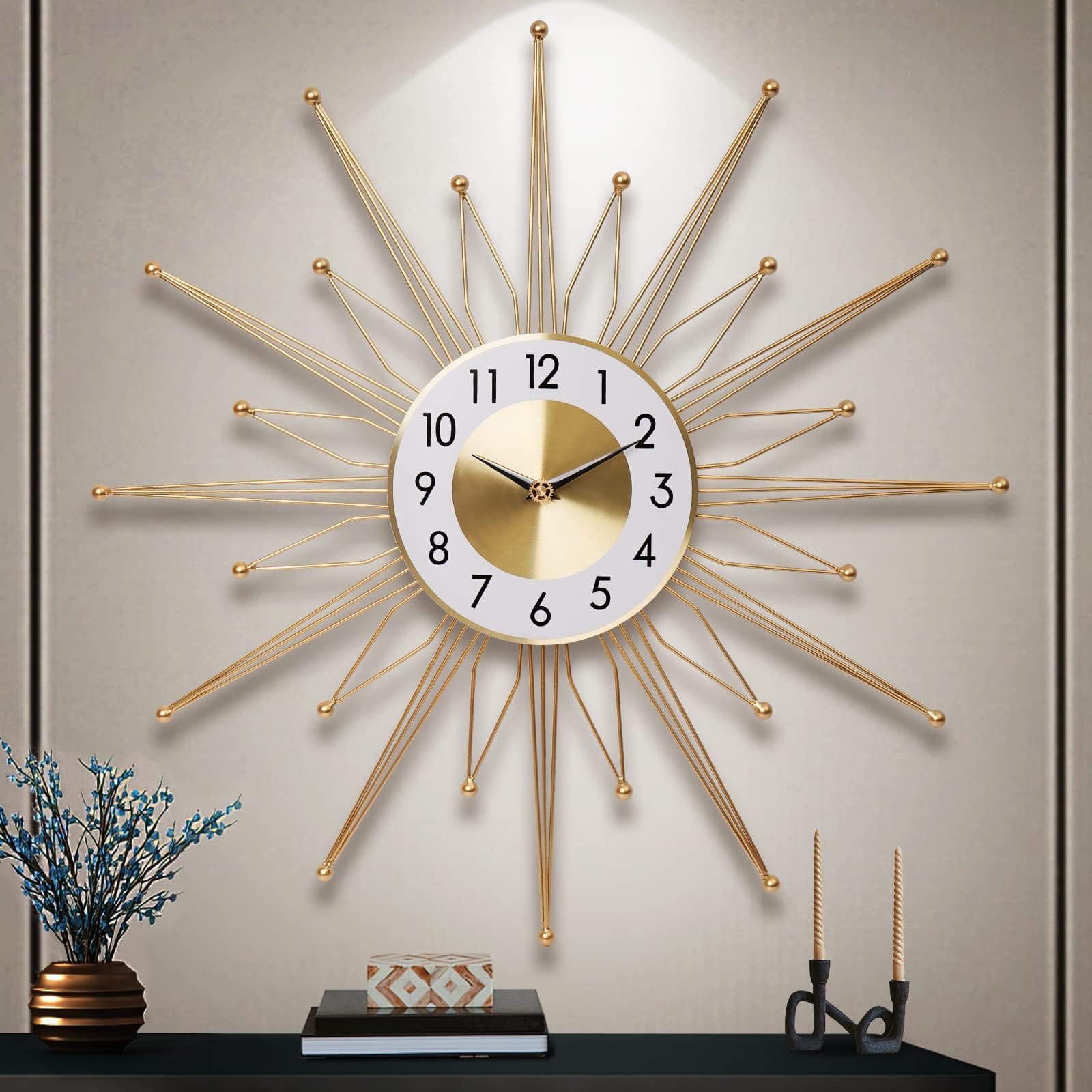 Large Wall Clock, Metal Mid Century Decorative Wall Clocks, Oversized Silent Non Ticking Battery