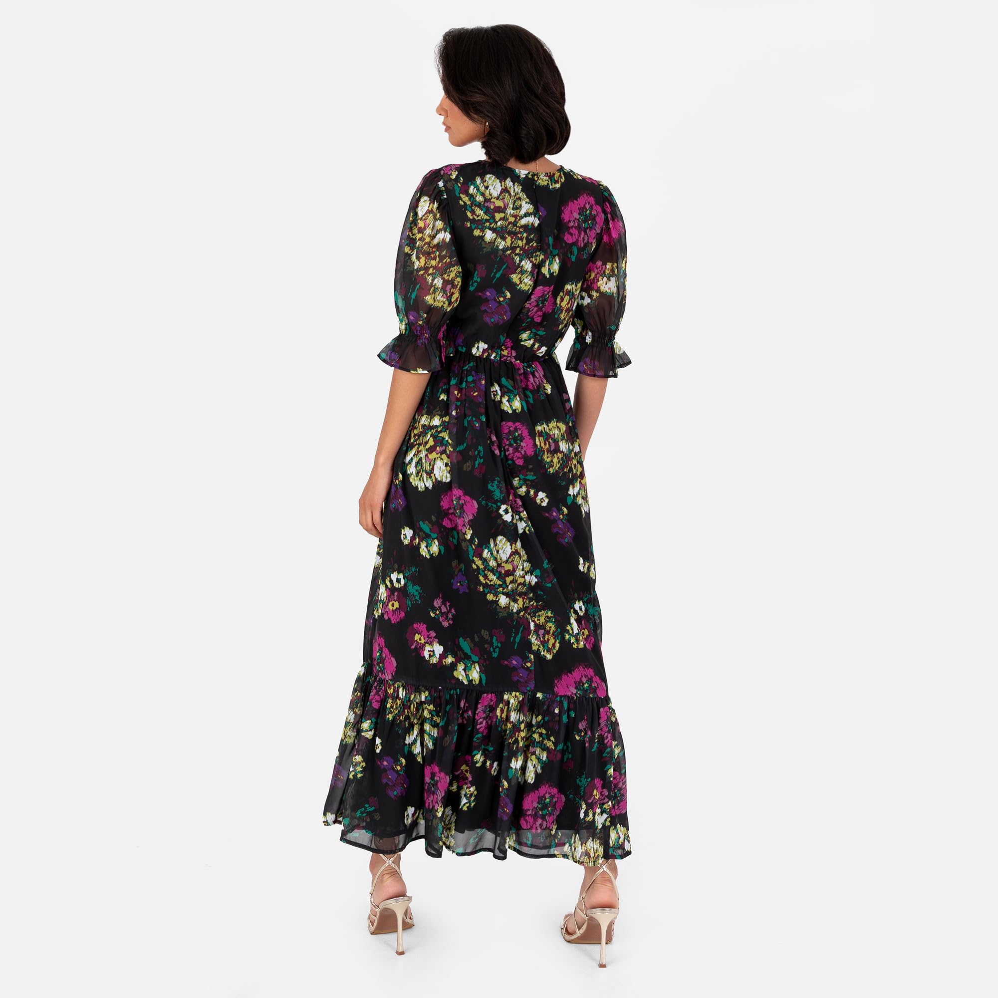 Lovedrobe Women's Midaxi Dress Ladies Short Puff Sleeve Round Neck Floral Chiffon Ruffle Tiered Bottom Hemline A-Line Occasion