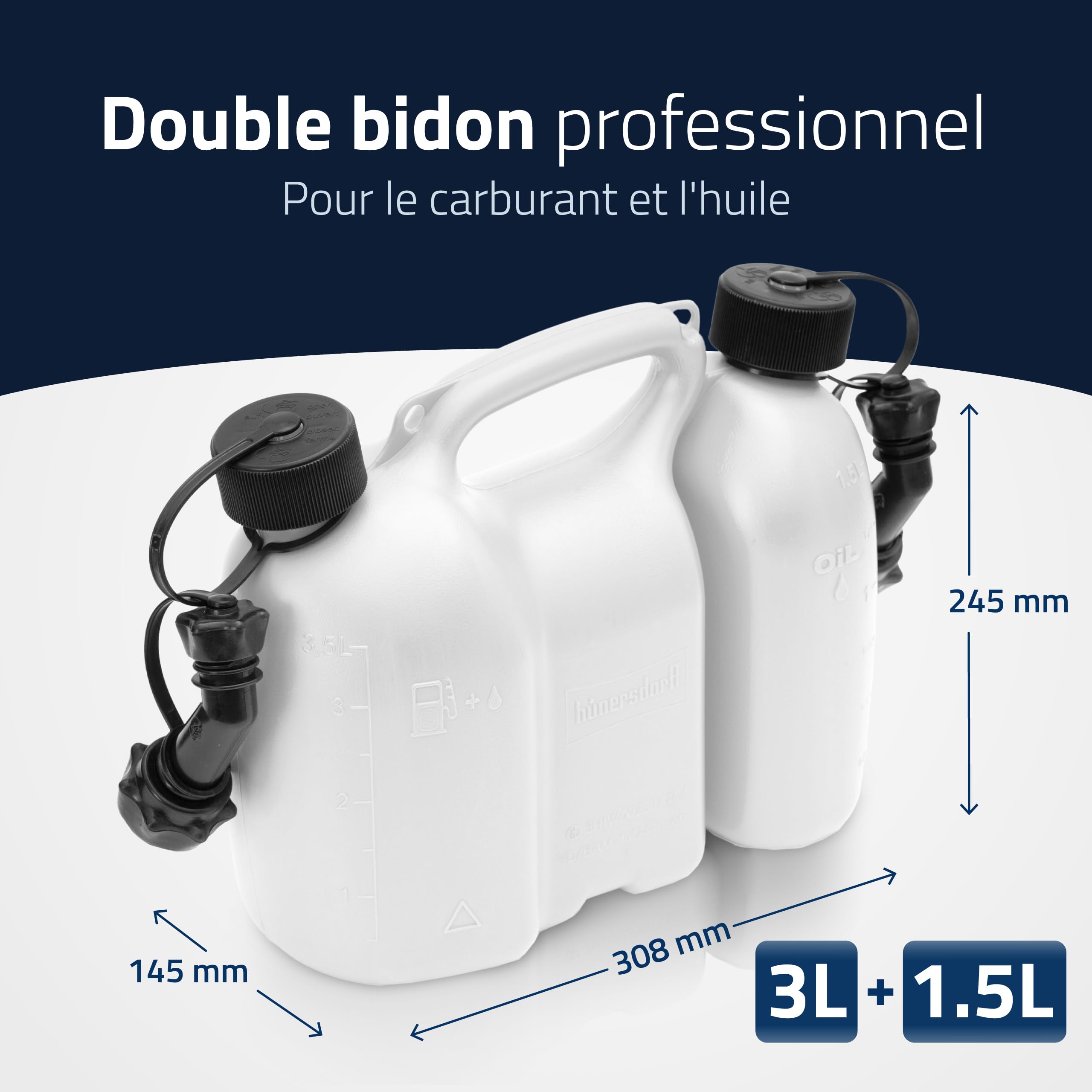 hünersdorff Bidons doubles/Bidons combinés pour carburant et huile avec 2 tuyaux d'écoulement, 3 + 1,5 litres, homologation UN, Made in Germany