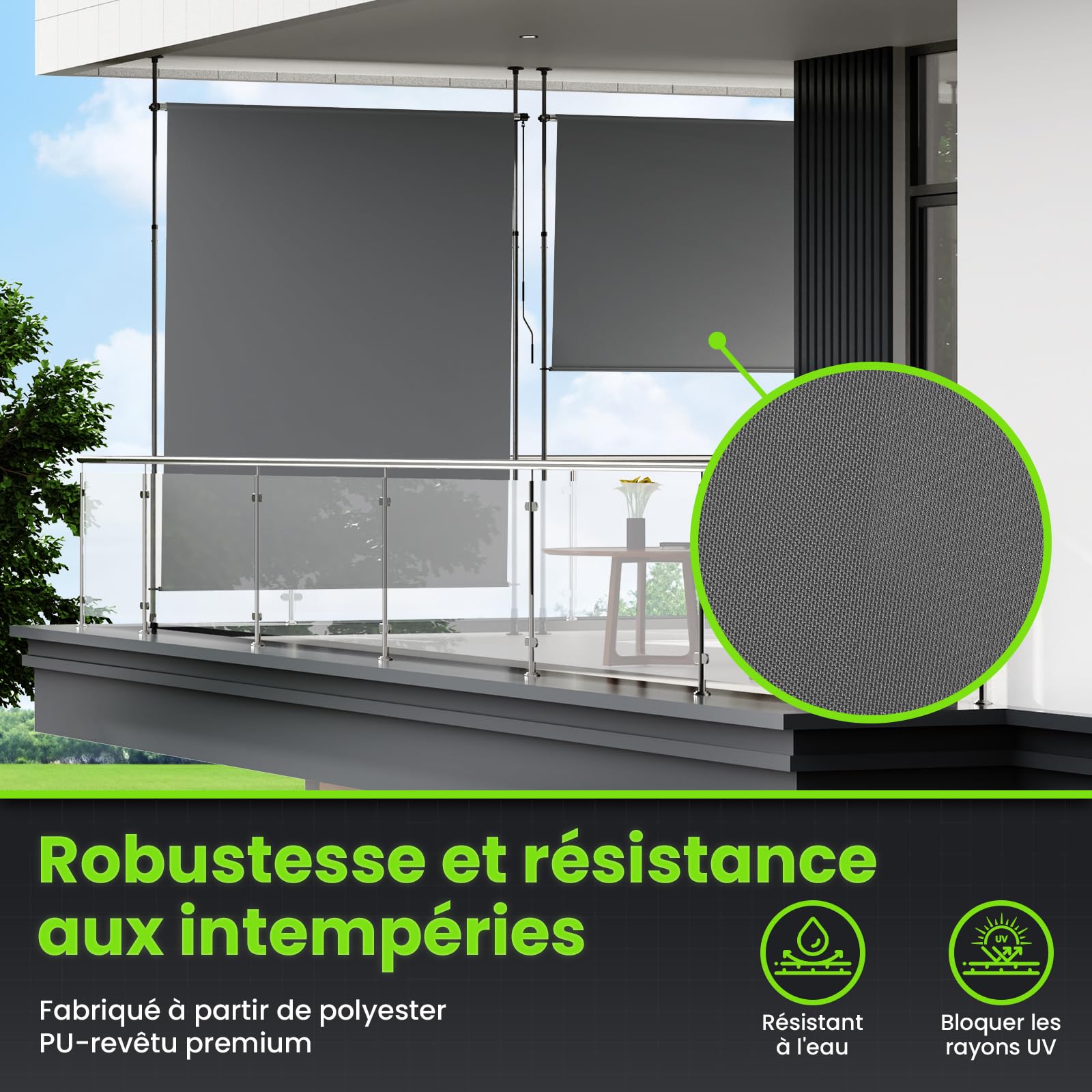 YEAUPE Pro Store Vertical extérieur 100 x 300 cm, Gris foncé, sans perçage, Store à Pince avec manivelle, Convient pour Balcon, terrasse, extérieur et Jardin, Brise-Vue résistant aux intempéries