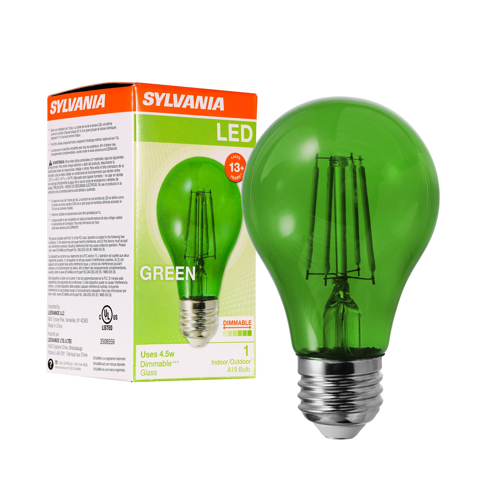 LEDVANCE Sylvania LED Green Glass Filament A19 Light Bulb