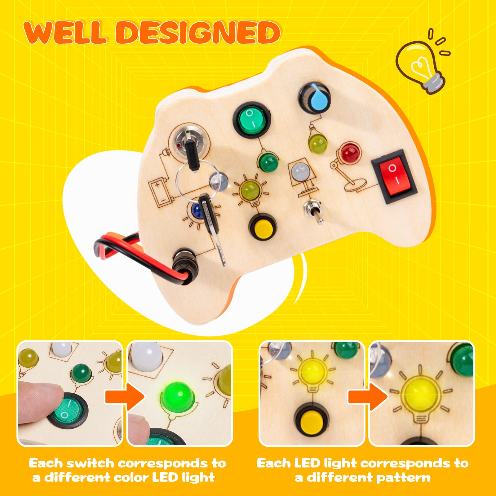Tableau D’activités Montessori Withosent – Jouet éducatif En Bois Avec Interrupteurs, Ampèremètre, Lumières LED Et Musique – 12,5x8,6x3 Cm – 2 Piles AAA (non Incluses)