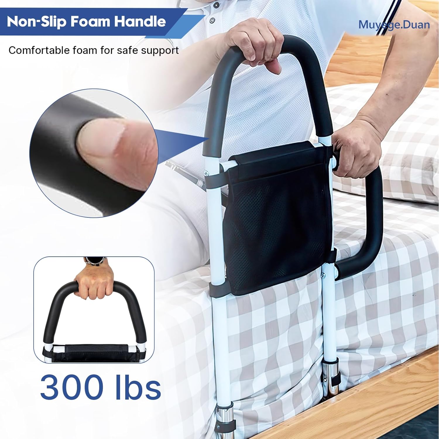 Bed Rail for Elderly Adults – Adjustable Bed Assist Handle with Non-Slip Foam Grip, Storage Pocket & Safety Strap Tool-Free Installation Bedside Rail for Seniors, Injured or Pregnant Users