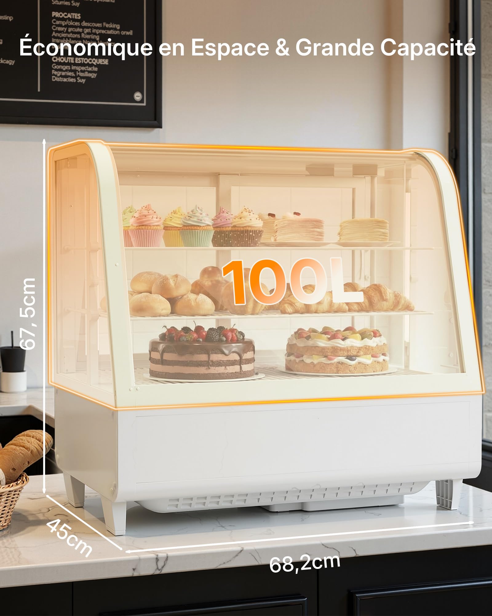 Upstreman CD101 CD101 Refrigerated Display Cabinet 100L with LED Lighting, Digital Temperature Control 2-10°C, 2 Adjustable Shelves, for Cafe, Bakery, Pastry